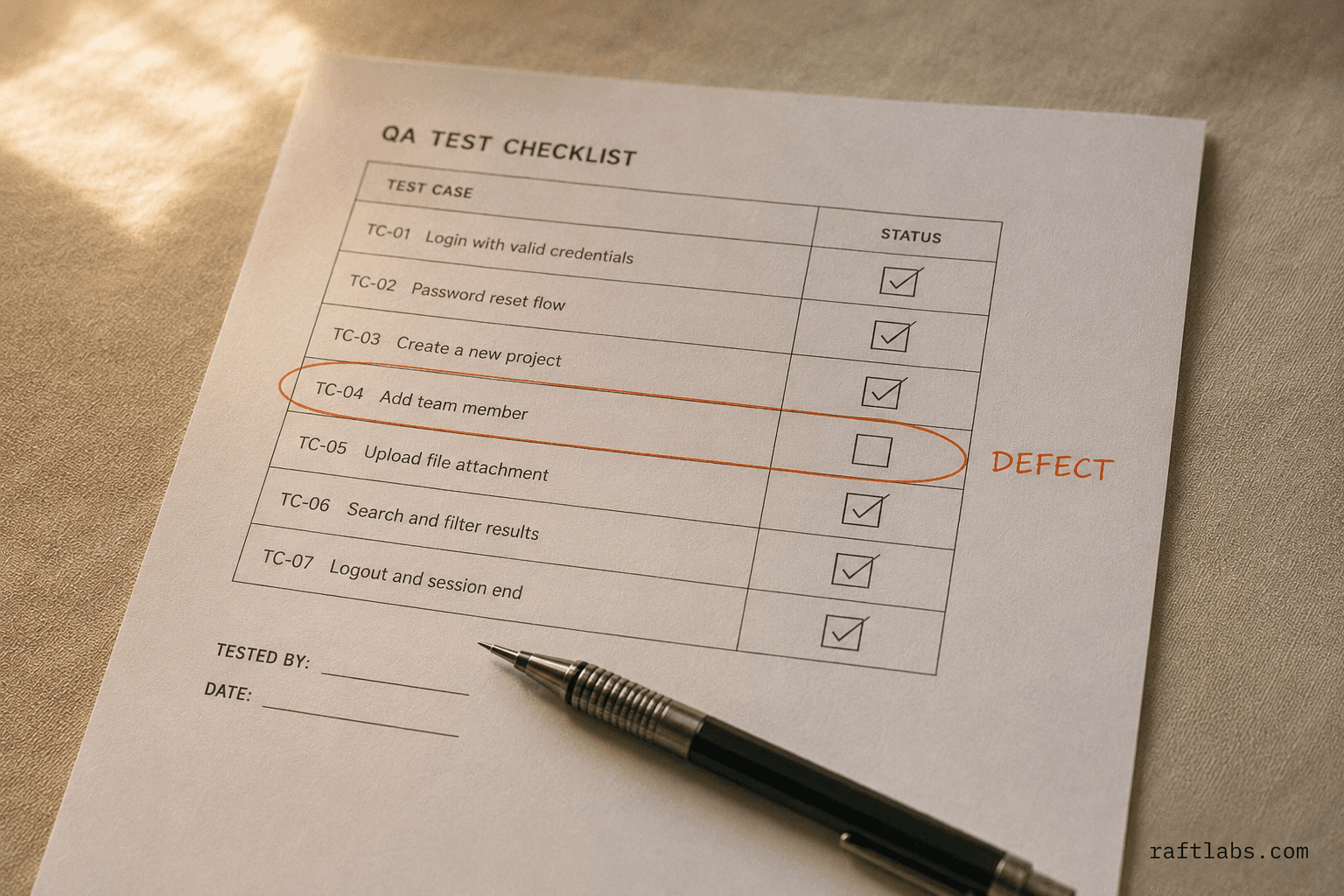 Printed QA test checklist on a warm linen surface with one defect row circled in orange ink
