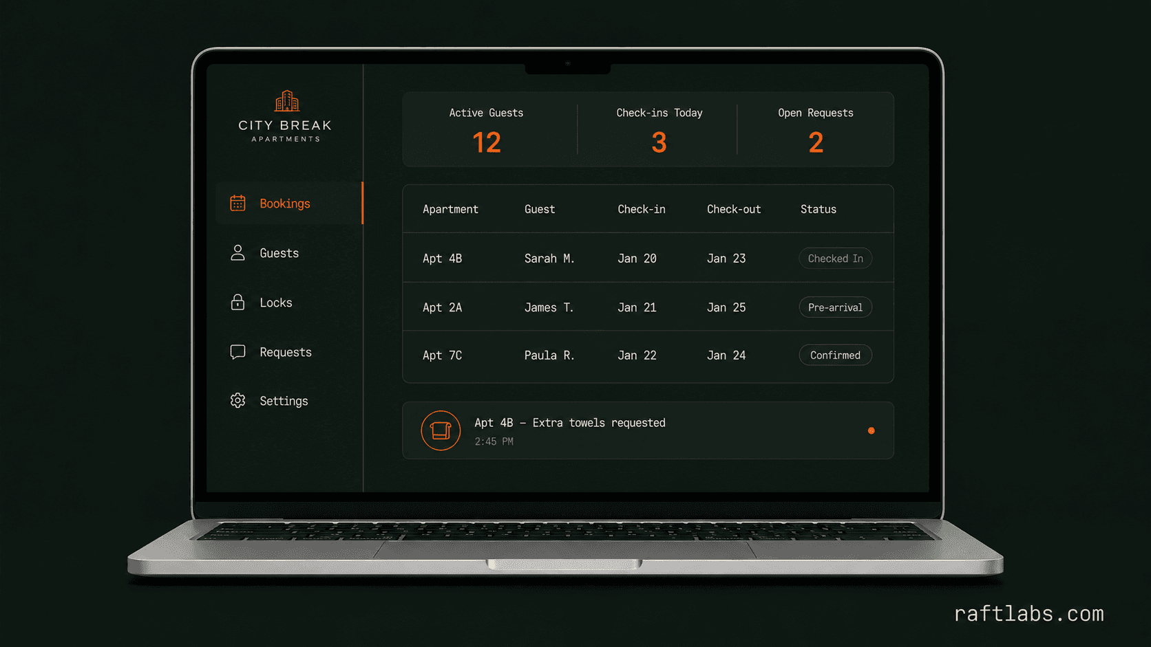 City Break Apartments admin dashboard showing bookings table guest list and open service requests