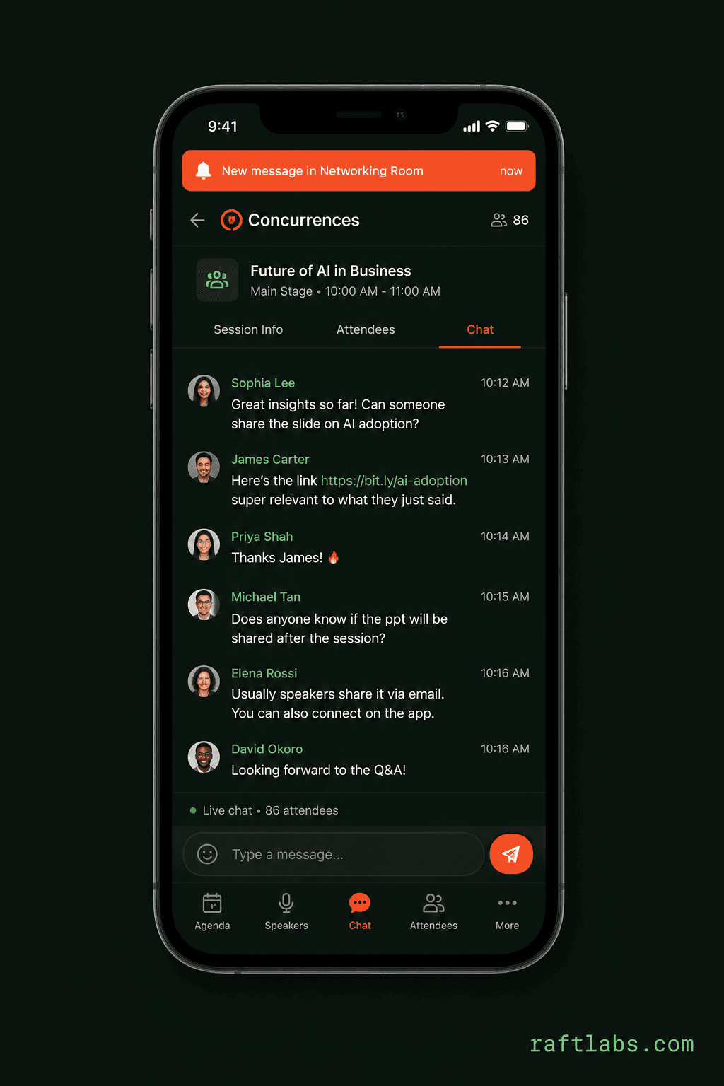 Firebase real-time attendee chat in Concurrences Events Flutter app