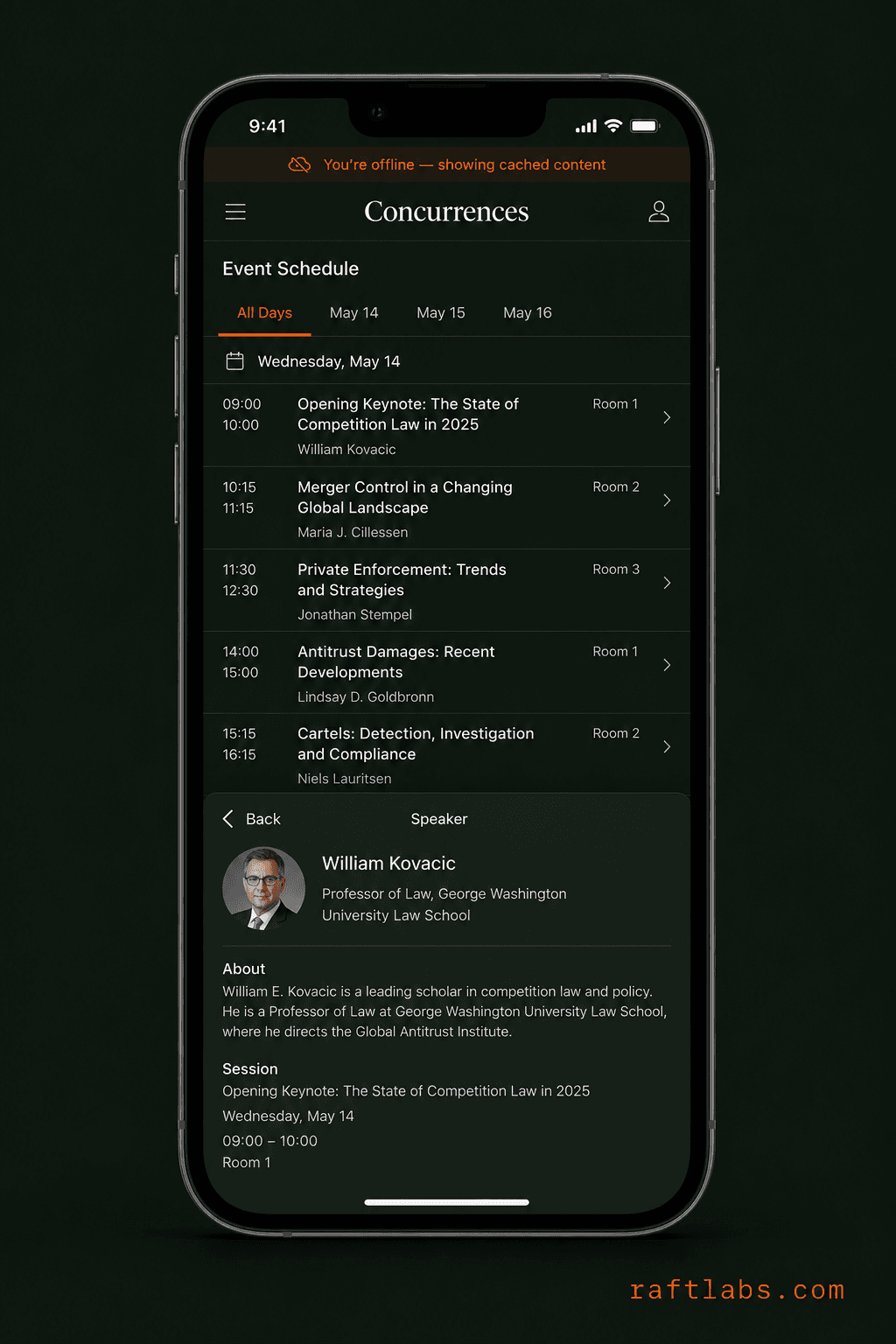 Concurrences Events app event schedule in offline mode with cached content on iPhone
