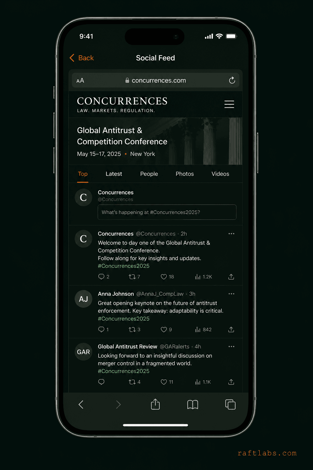 Concurrences app social feed section as in-app webview replacing Twitter API dependency
