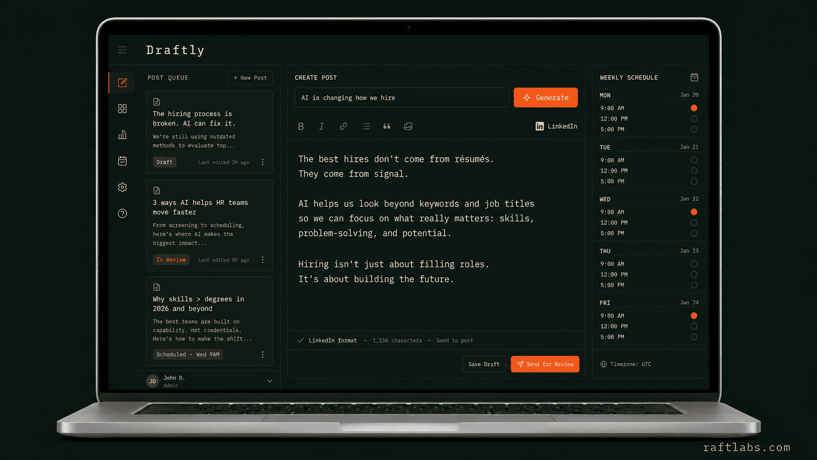 Draftly AI LinkedIn tool showing draft editor post queue and weekly content calendar