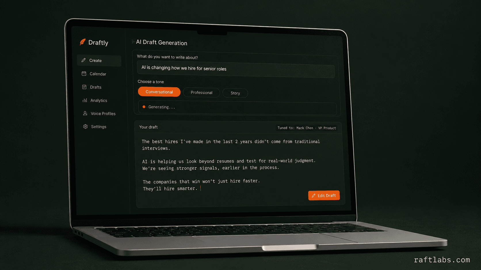 Draftly AI draft generation panel showing topic input tone selector and generated LinkedIn post in the editor