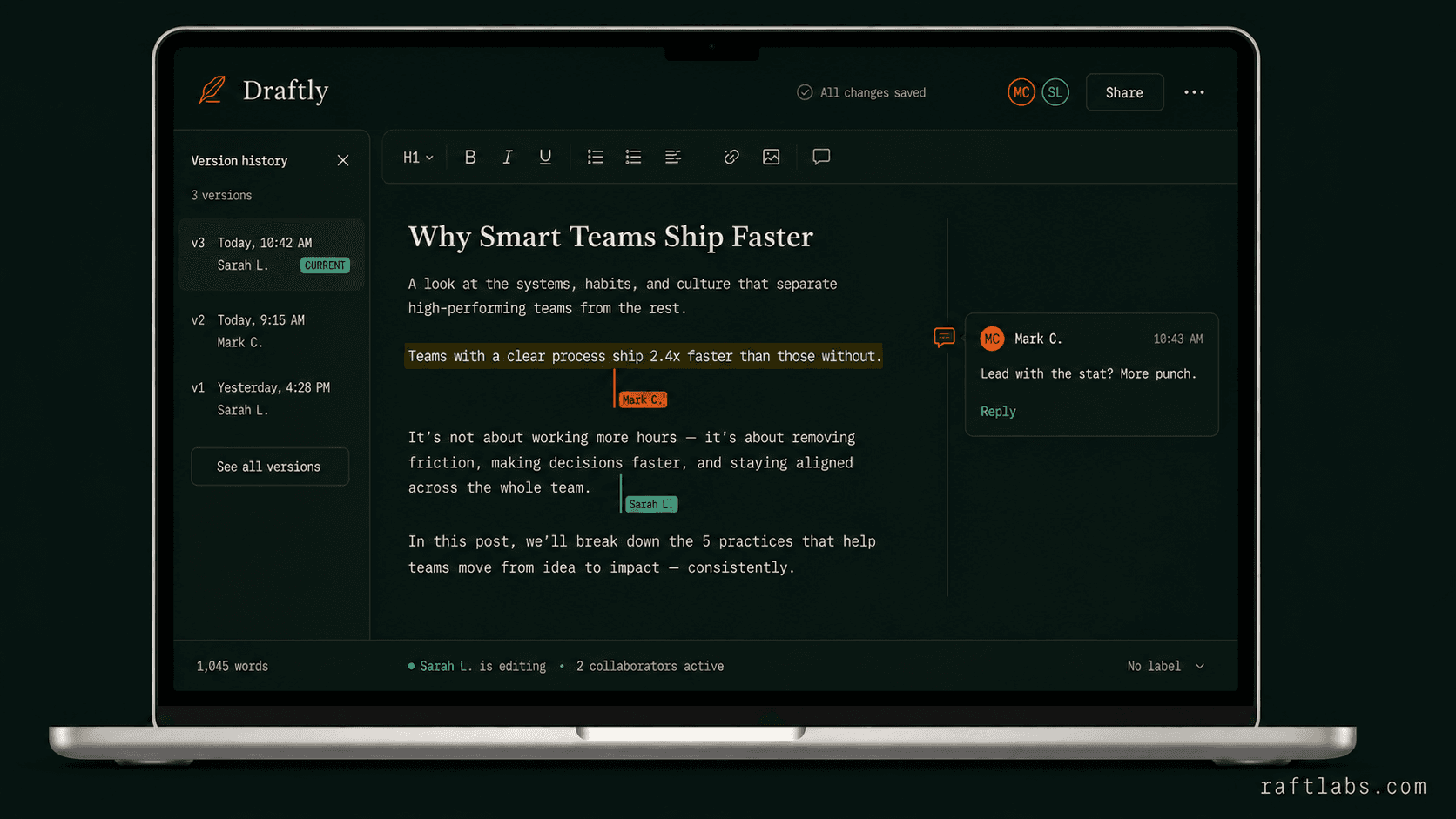 Draftly collaborative editor showing two simultaneous cursors inline comment thread and highlighted draft sentence under discussion