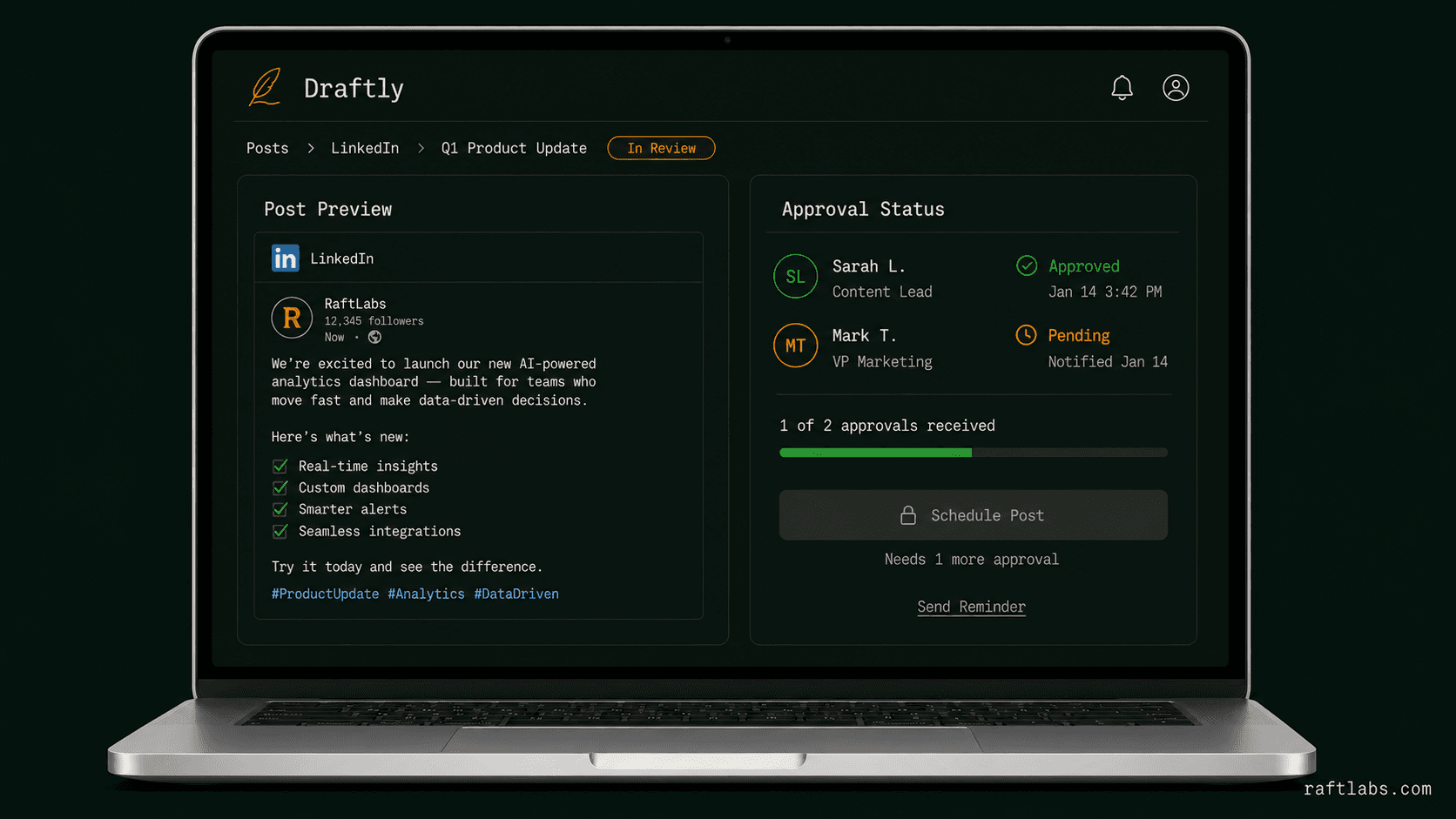 Draftly approval panel showing one reviewer approved and one pending with the schedule button greyed out awaiting sign-off