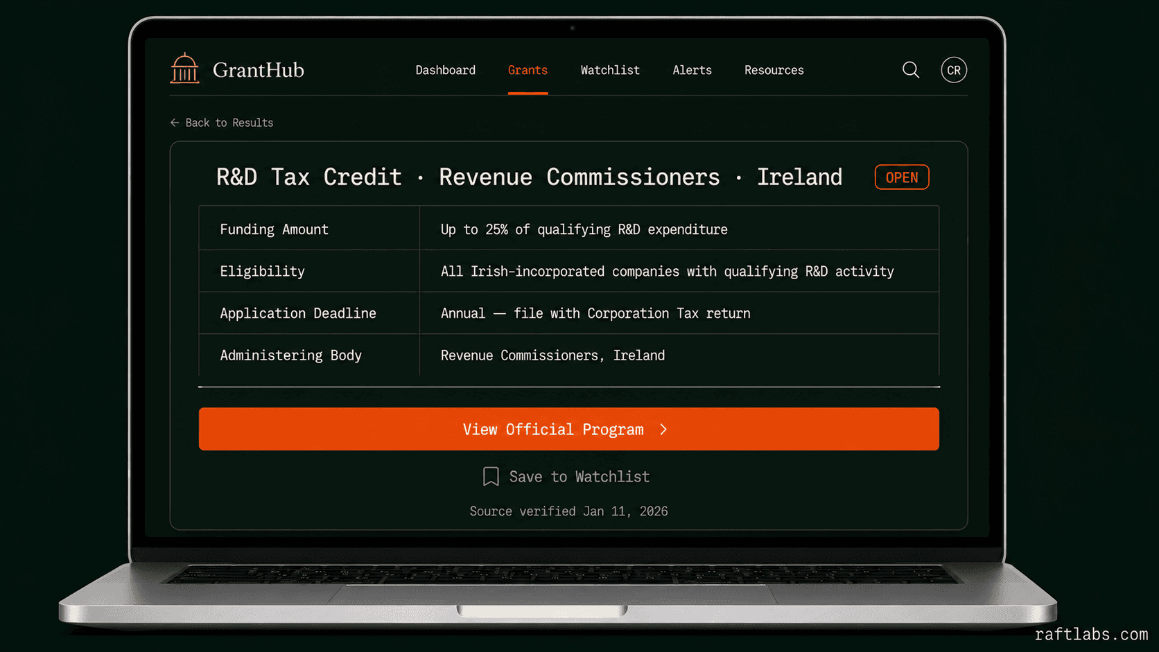 GrantHub expanded grant detail card showing funding amount eligibility deadline and official program link for an Irish R&D tax credit