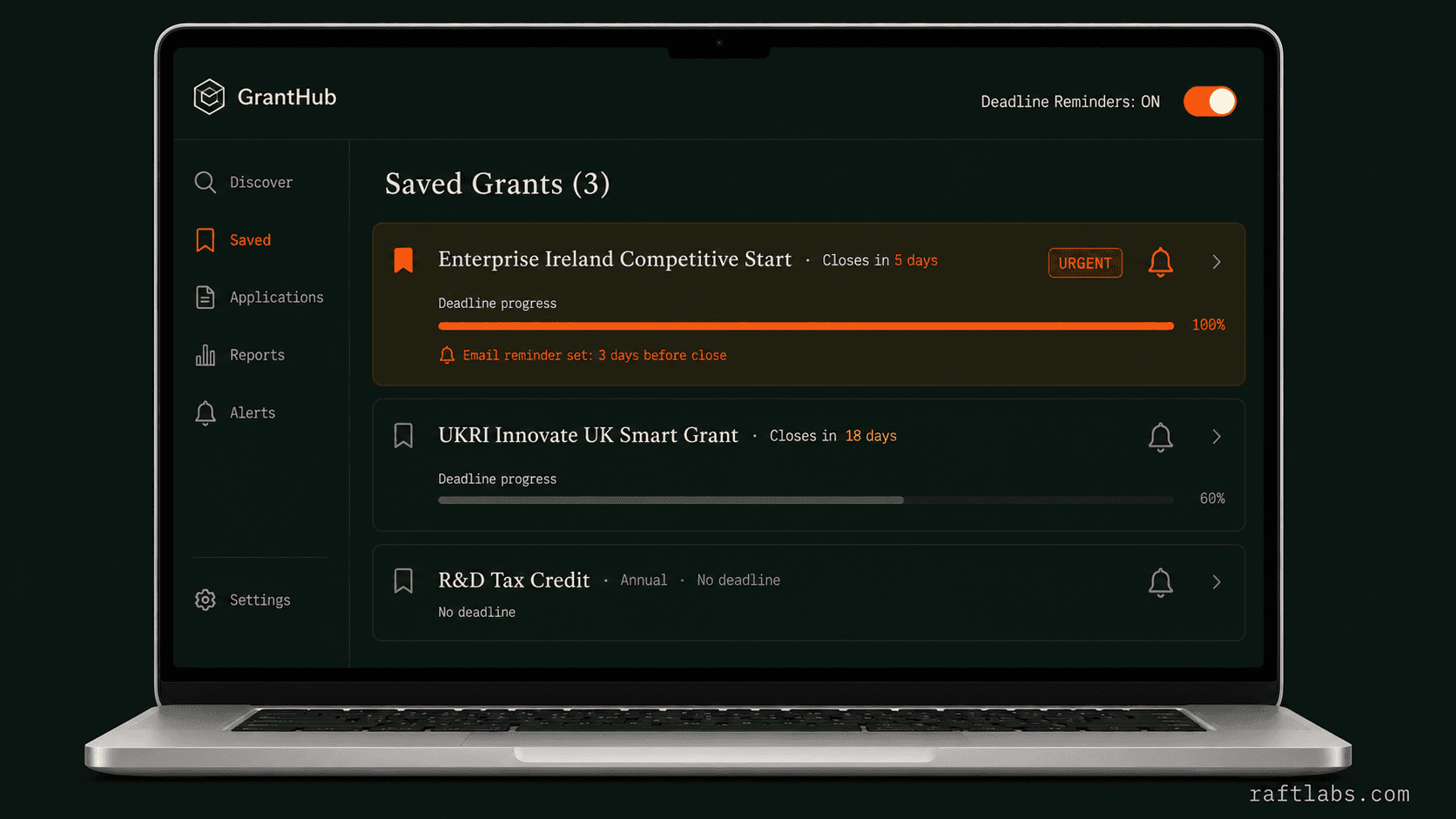GrantHub saved grants watchlist showing three programs with deadline countdown bars and an urgent amber row closing in five days