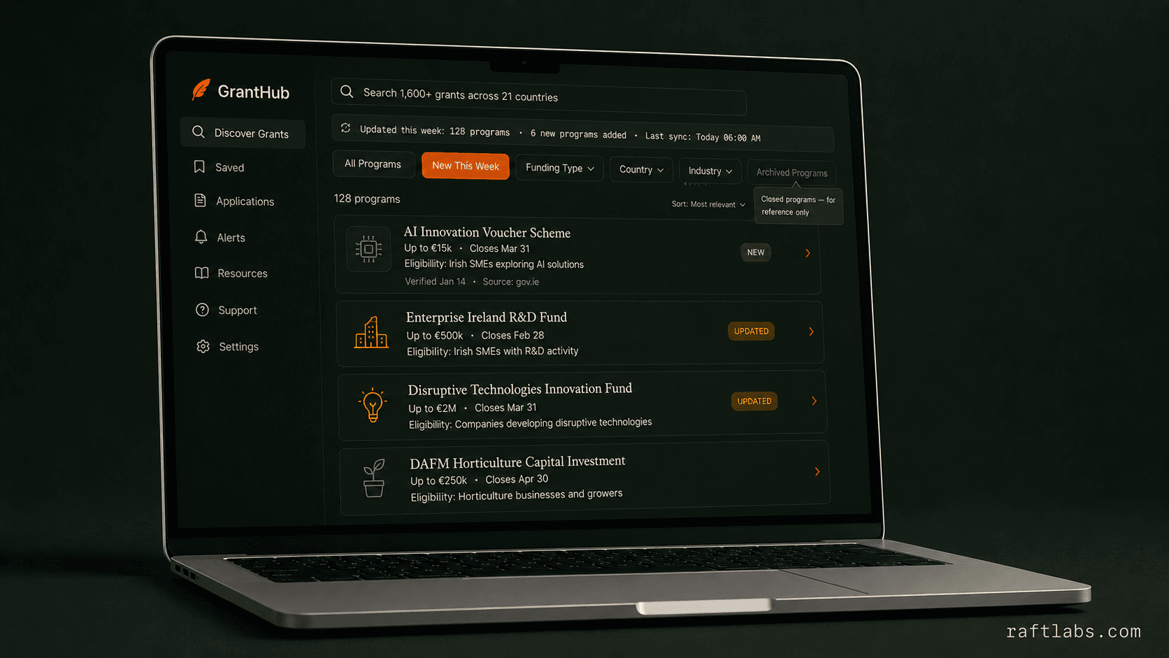 GrantHub directory with a freshness banner showing programs updated this week and result cards carrying New and Updated badges