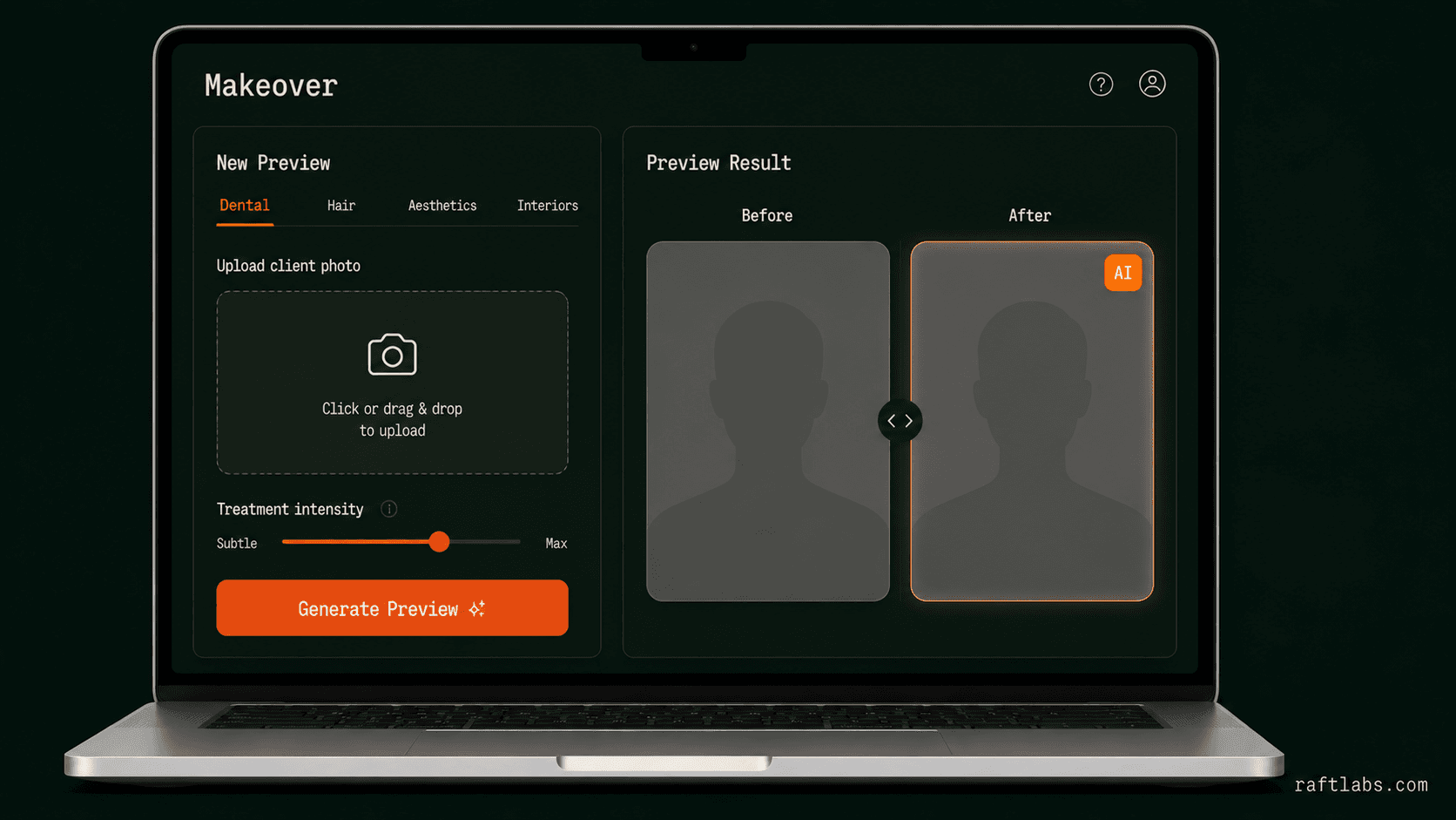 Makeover AI platform showing before and after preview panels for dental and aesthetics consultations
