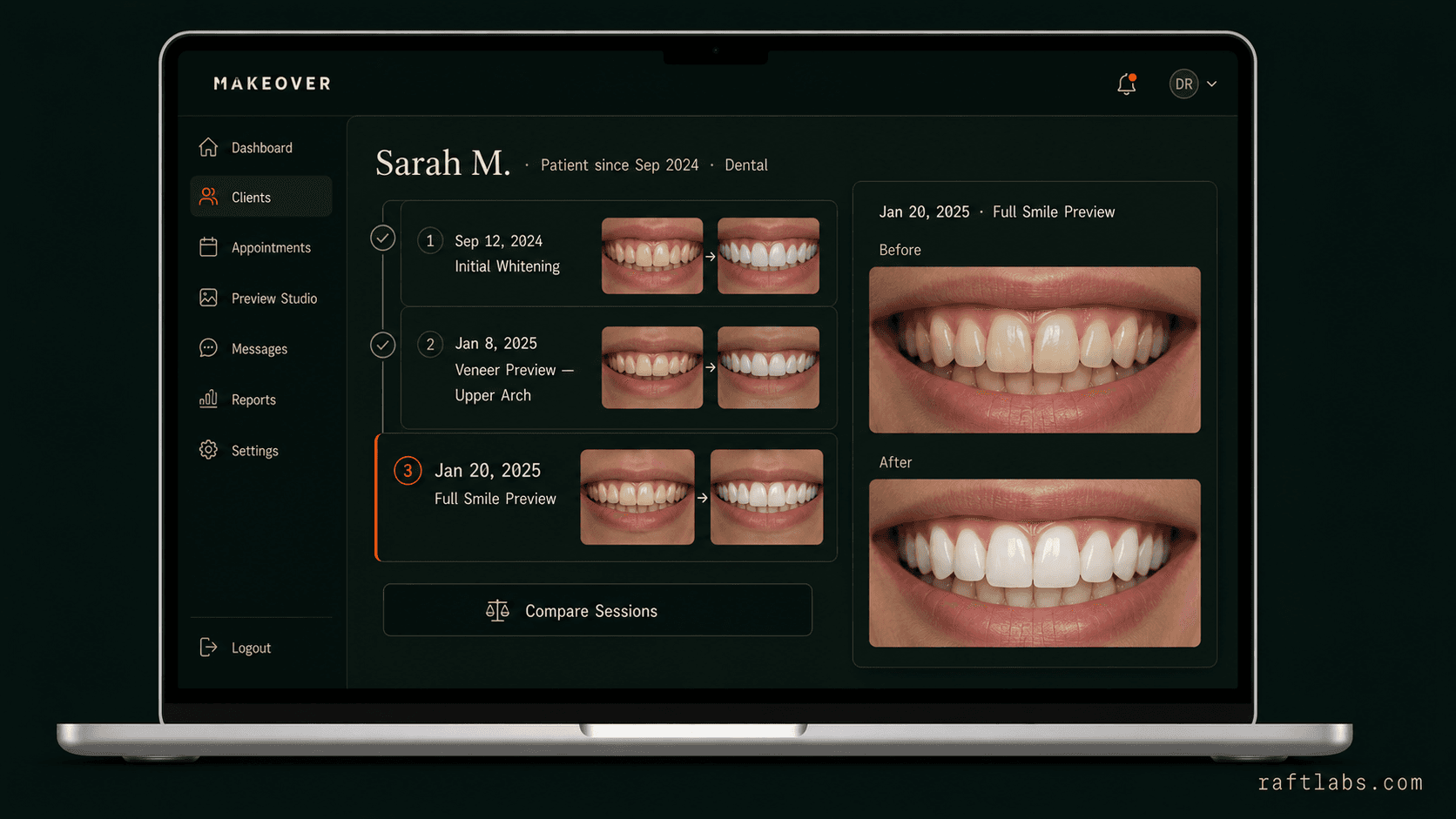 Makeover client record showing a session timeline with paired before-after thumbnails for each visit
