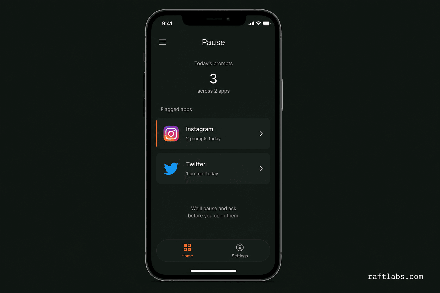 Pause app home screen showing flagged apps and pause controls on iPhone