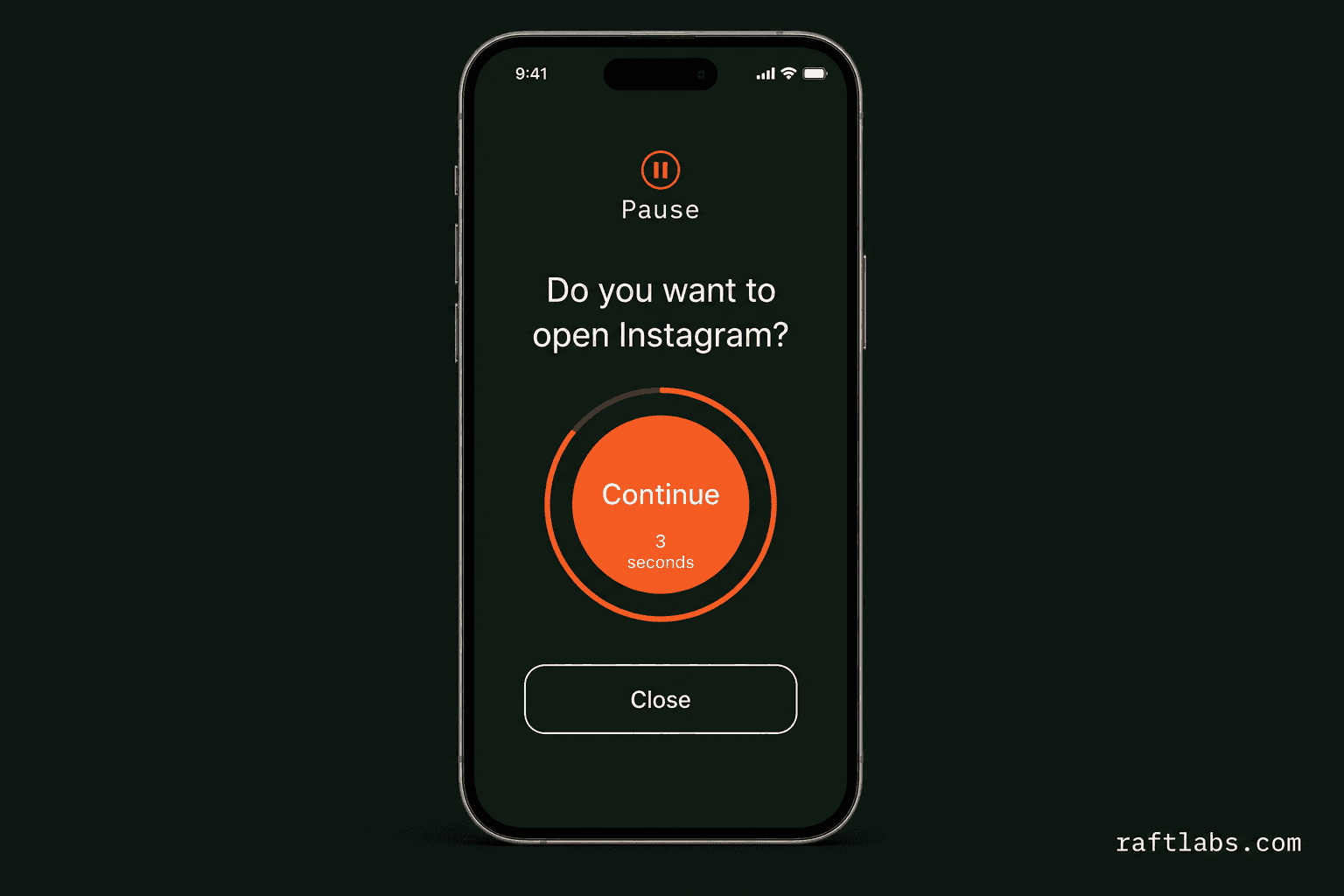 Pause calm interstitial prompt on iPhone with continue or close options