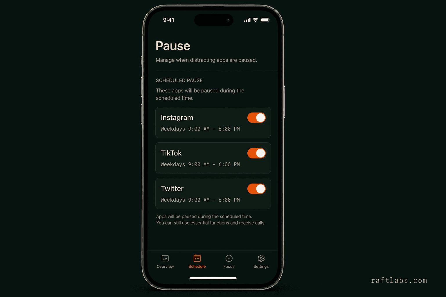 Pause app schedule settings showing flagged apps with time ranges on iPhone