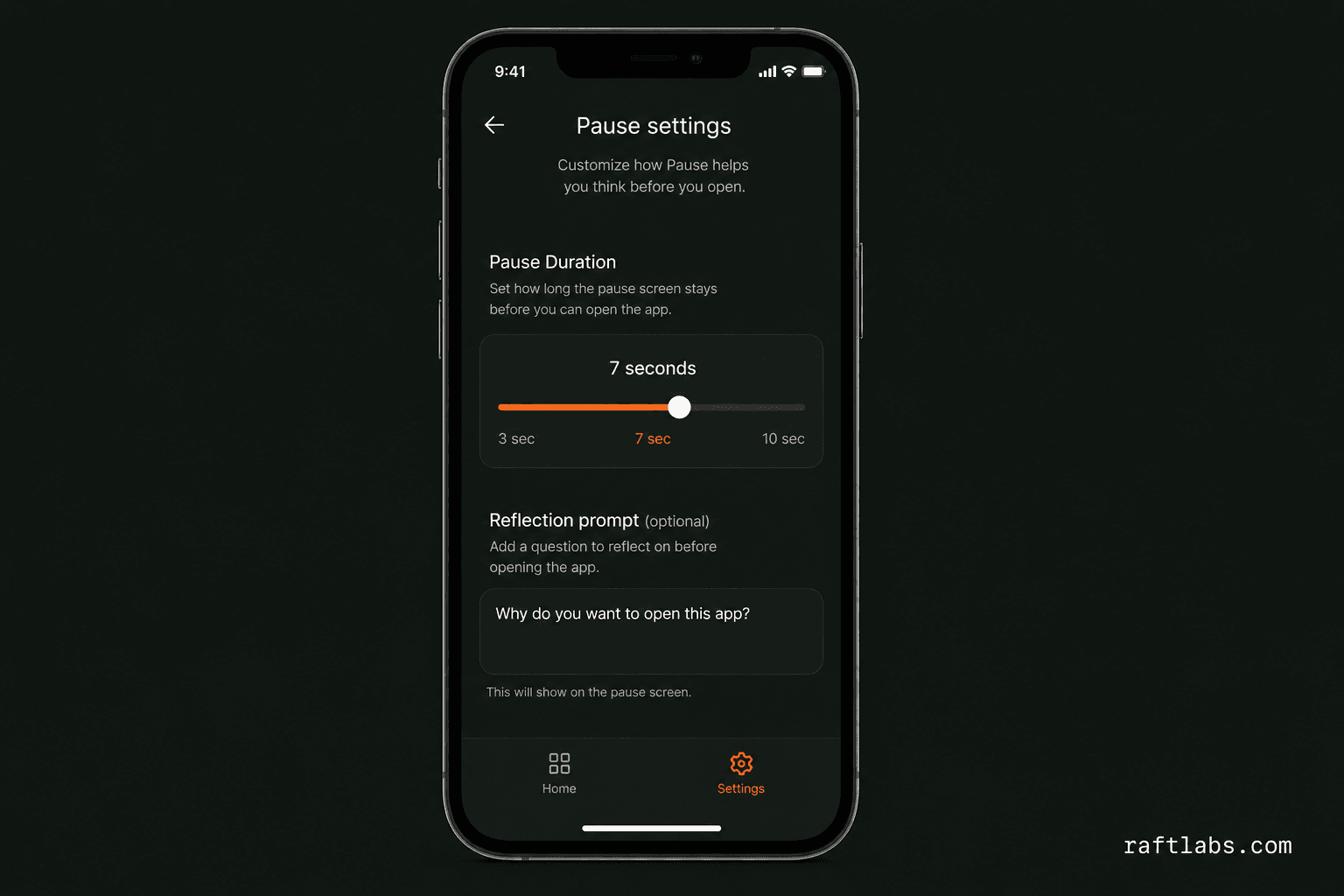 Pause app friction settings showing pause duration slider and reflection prompt on iPhone