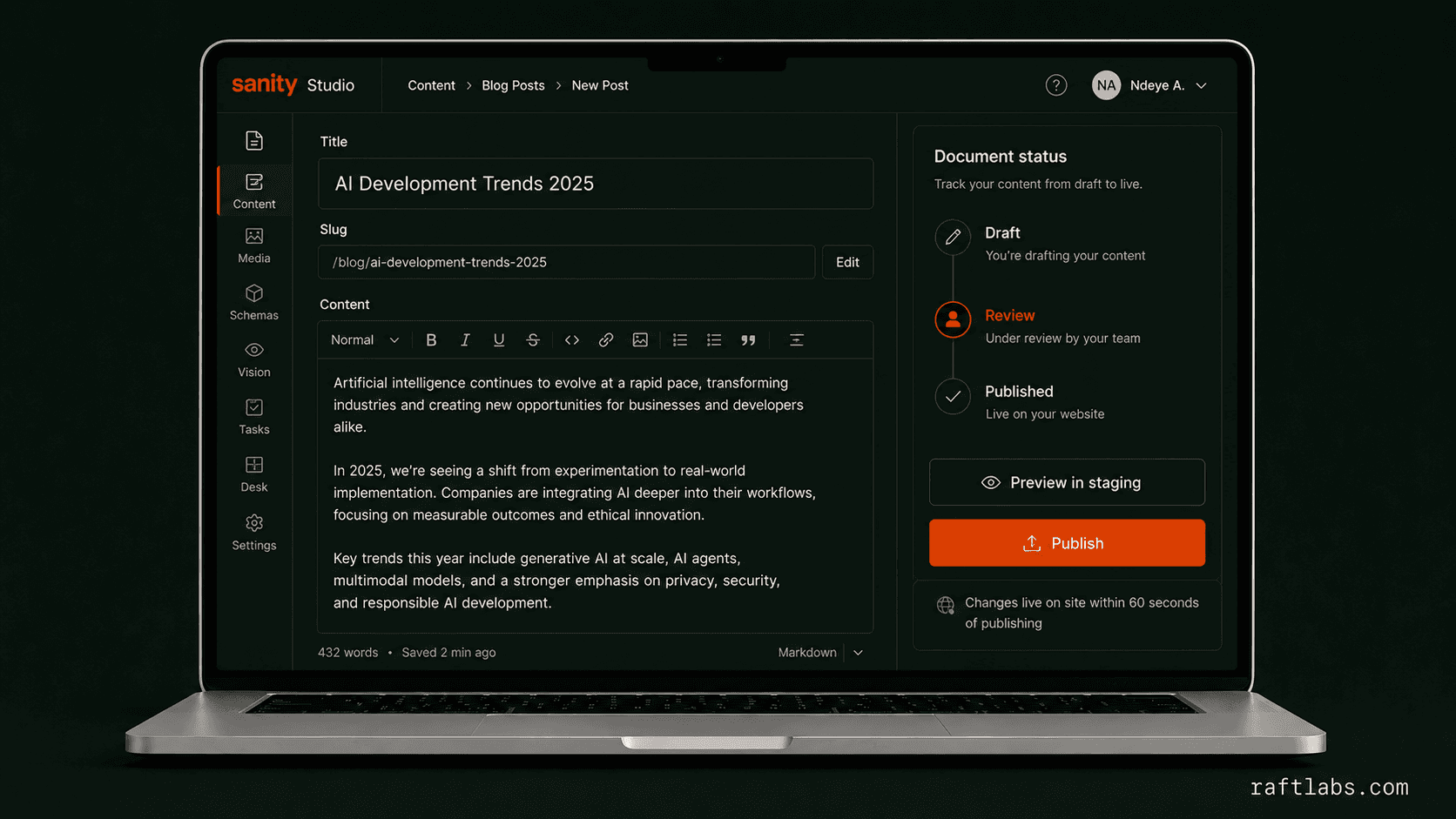 Staging and content publishing workflow in Sanity Studio for non-technical teams