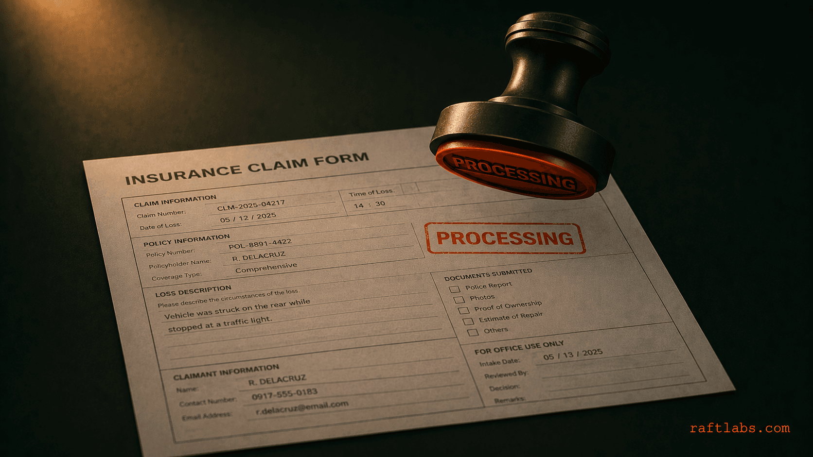 Insurance claim form with ballpoint pen on dark surface - AI agents for insurance automation
