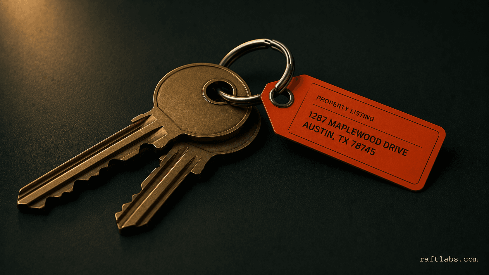 Two brass door keys on steel ring on dark surface - AI agents for real estate automation
