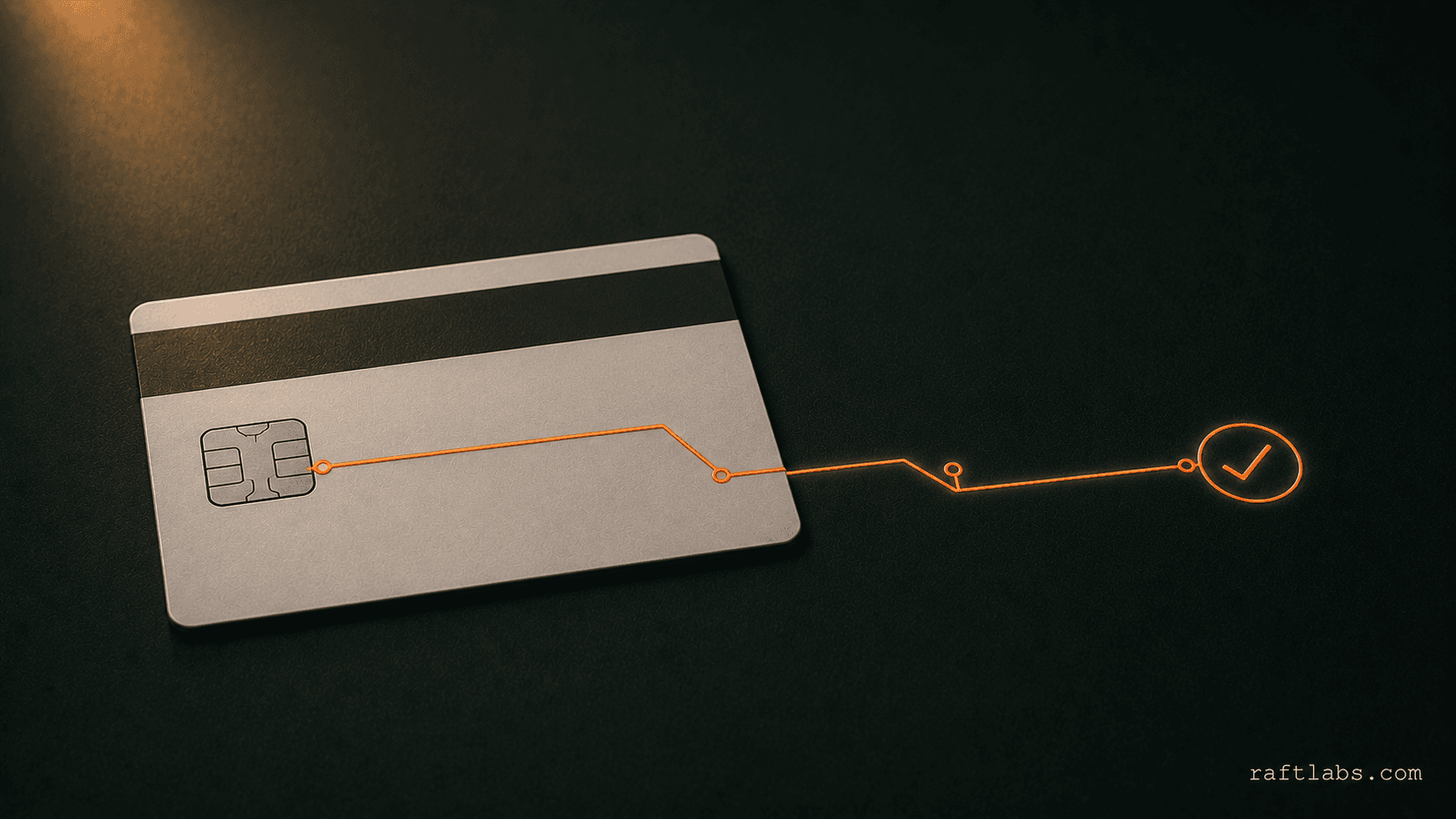hotel keycard with circuit trace and checkmark on dark surface - AI agents in hospitality use cases