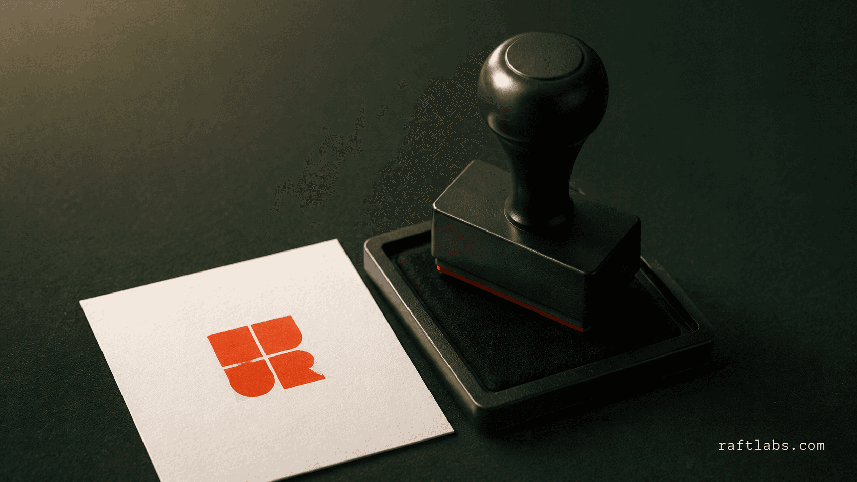 rubber stamp with fresh brand impression on card dark surface - white label AI development