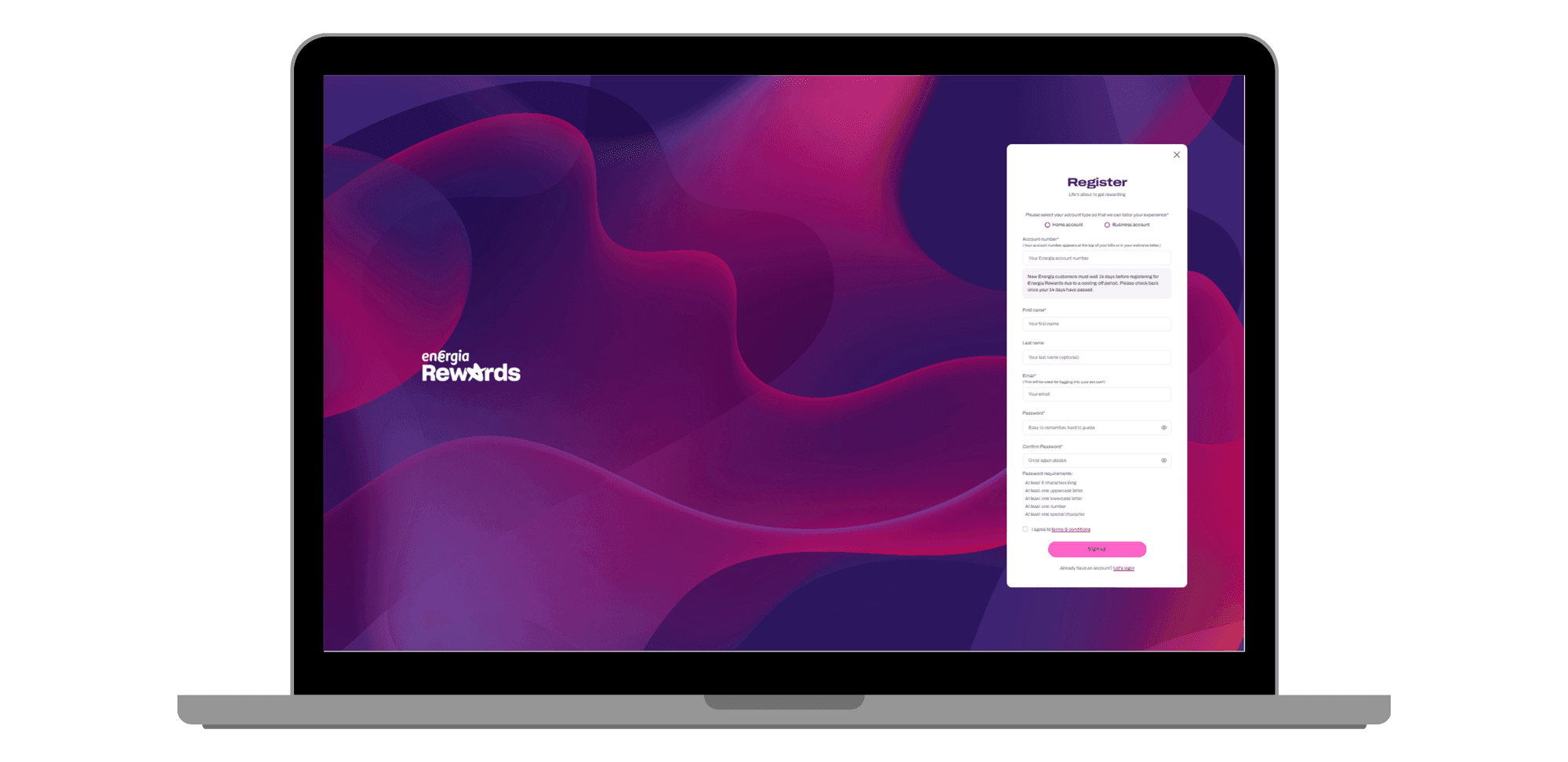 Reconstructed Energia Rewards account-number registration and email verification