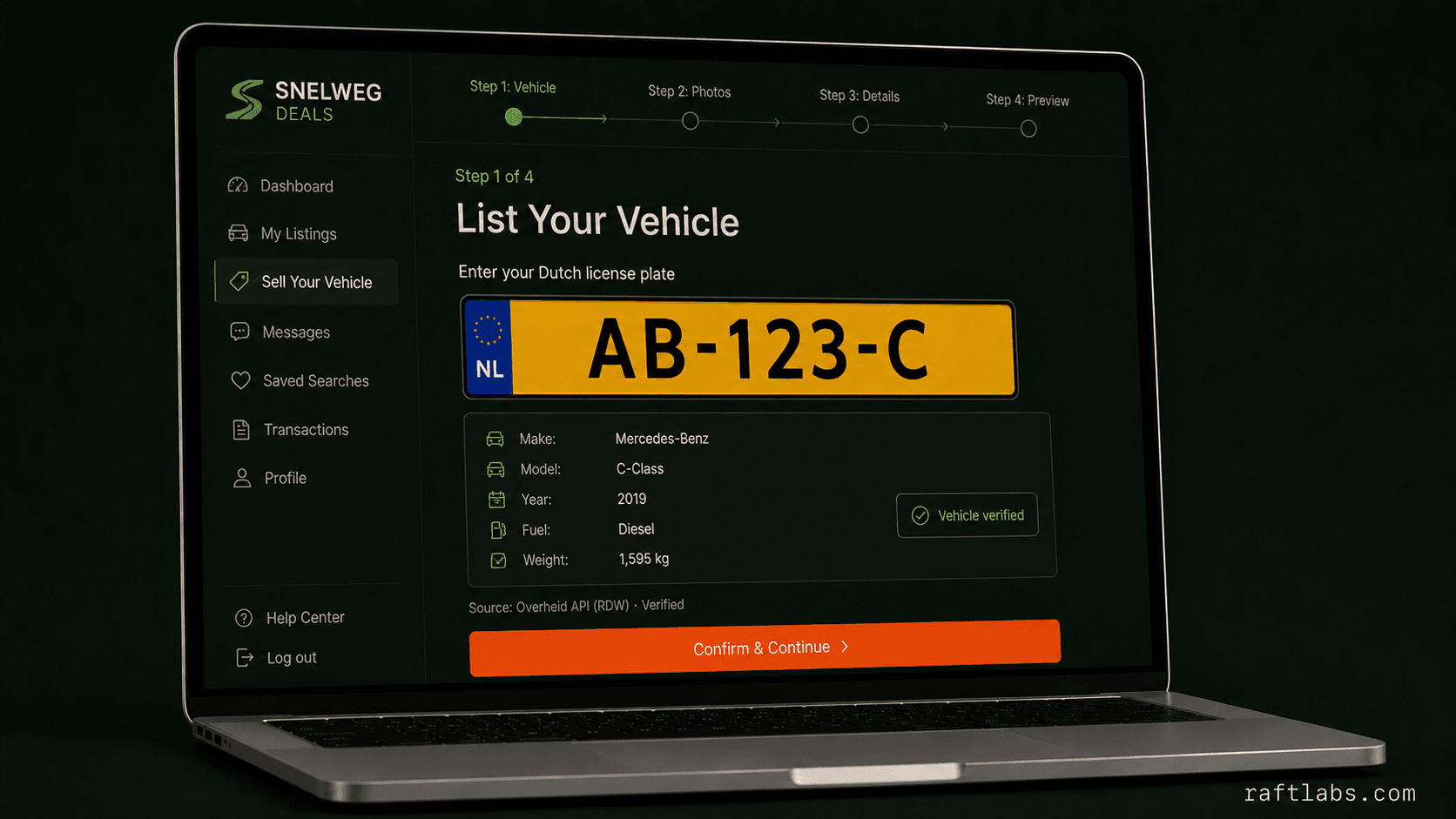 Guided seller form with Dutch number plate lookup via Overheid API