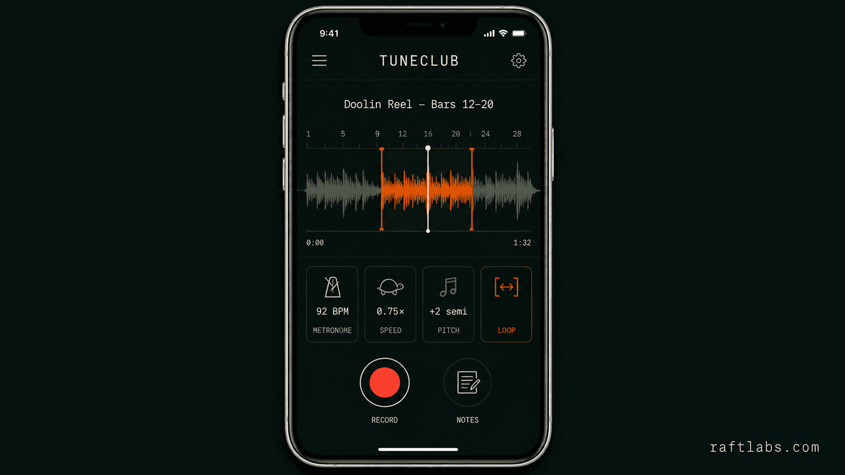 TuneClub practice workspace with metronome, pitch and speed control
