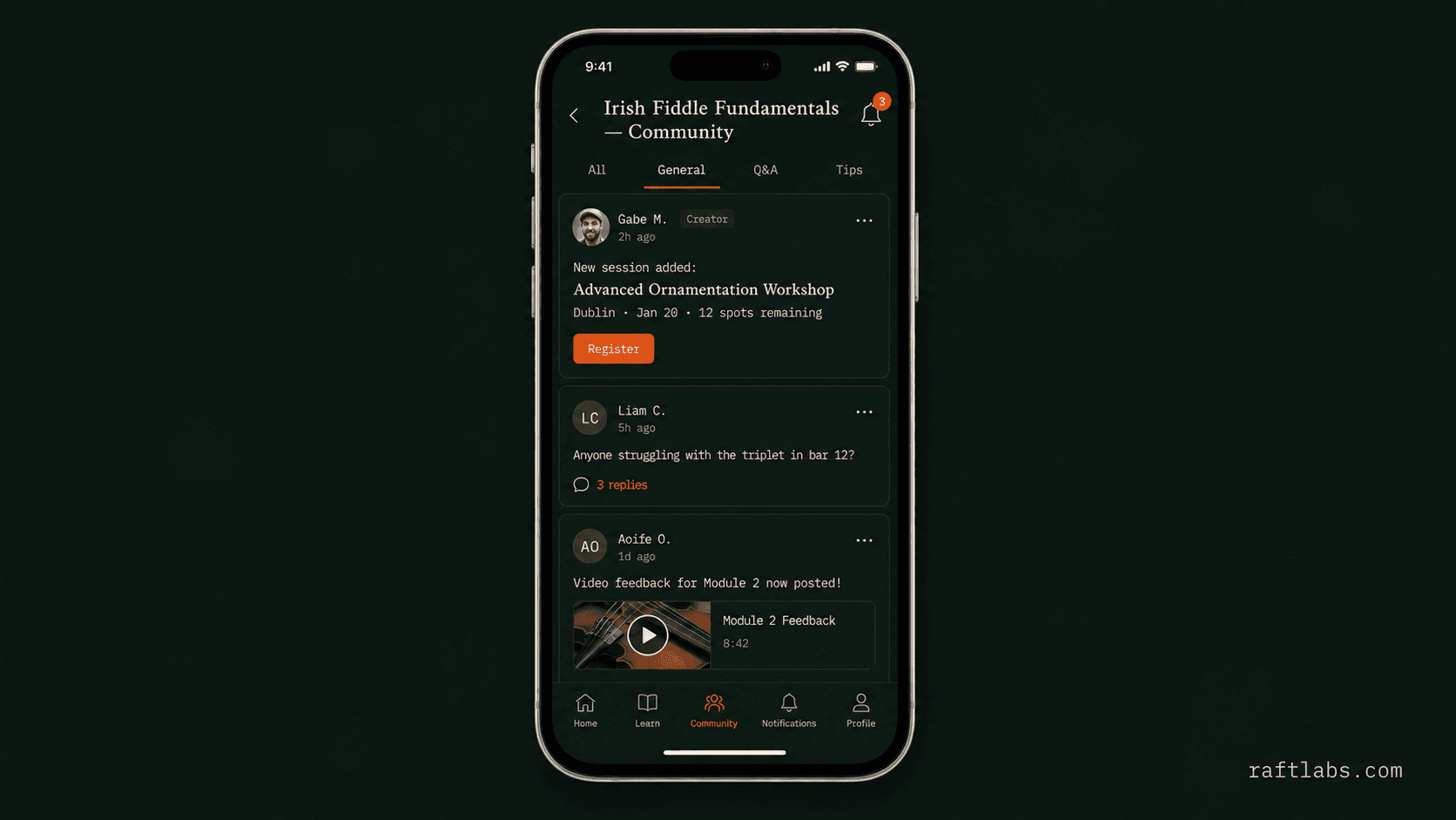 TuneClub simplified learner interface and community channels