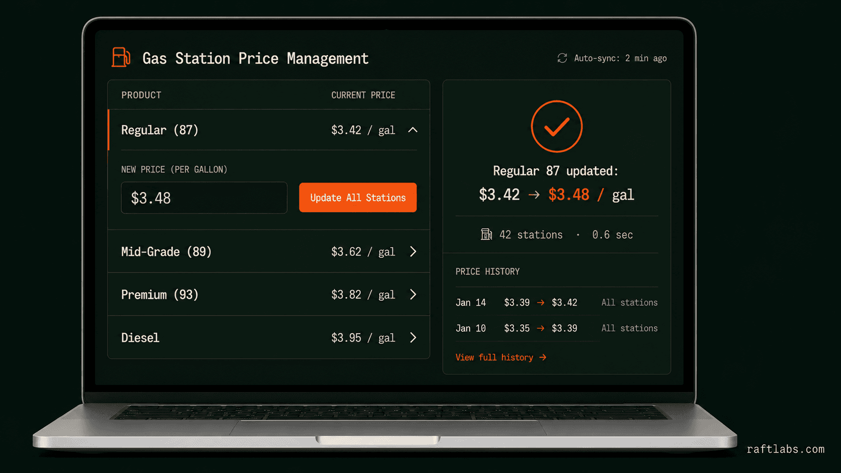 Price management screen for products and fuel across gas station locations