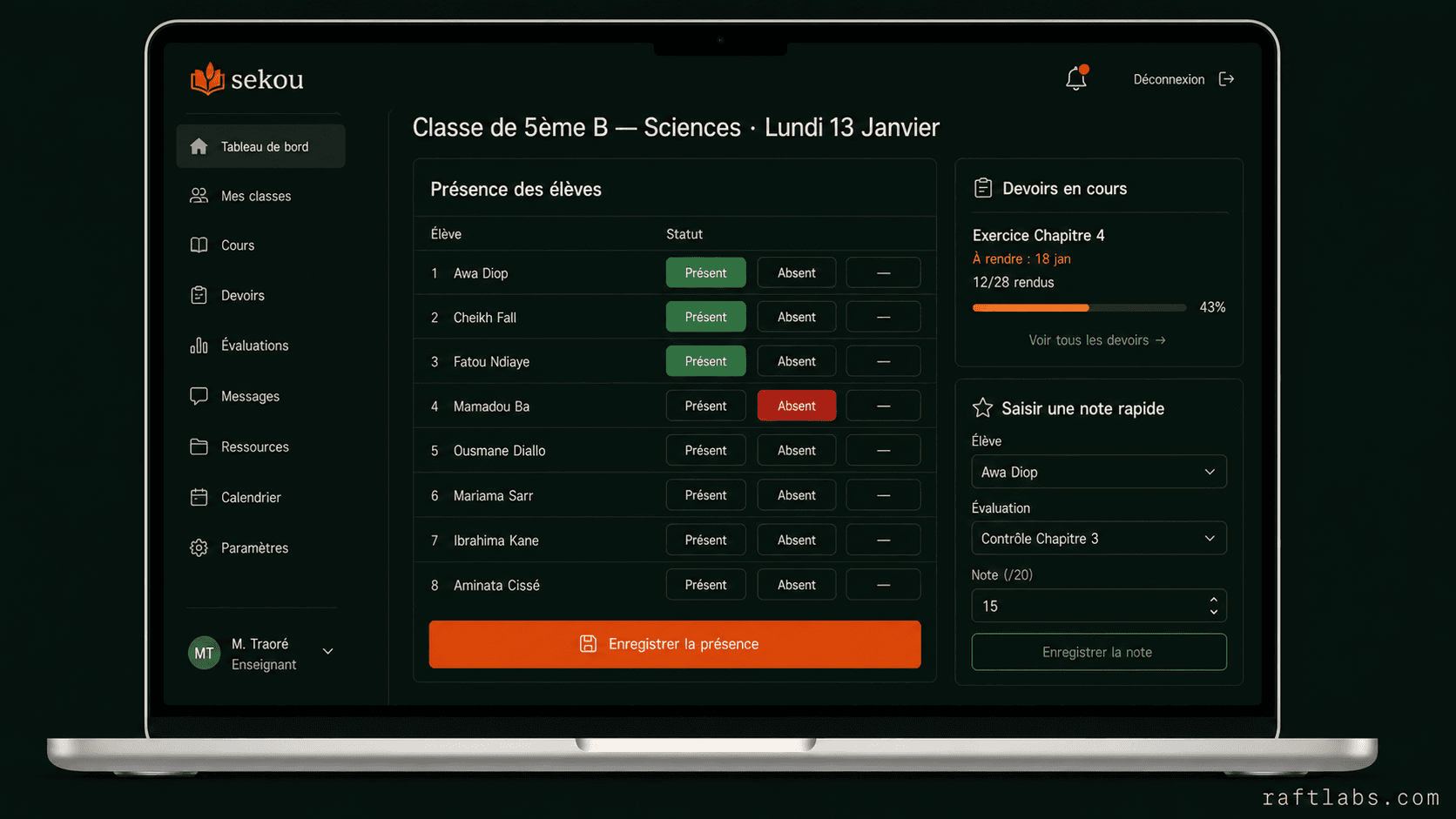 Teacher tools and student dashboard in the Sekou LMS