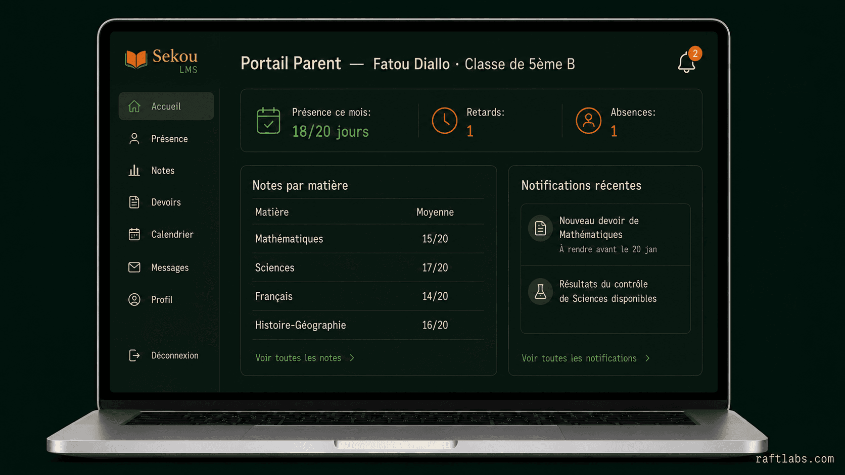 Parent portal showing student attendance and marks
