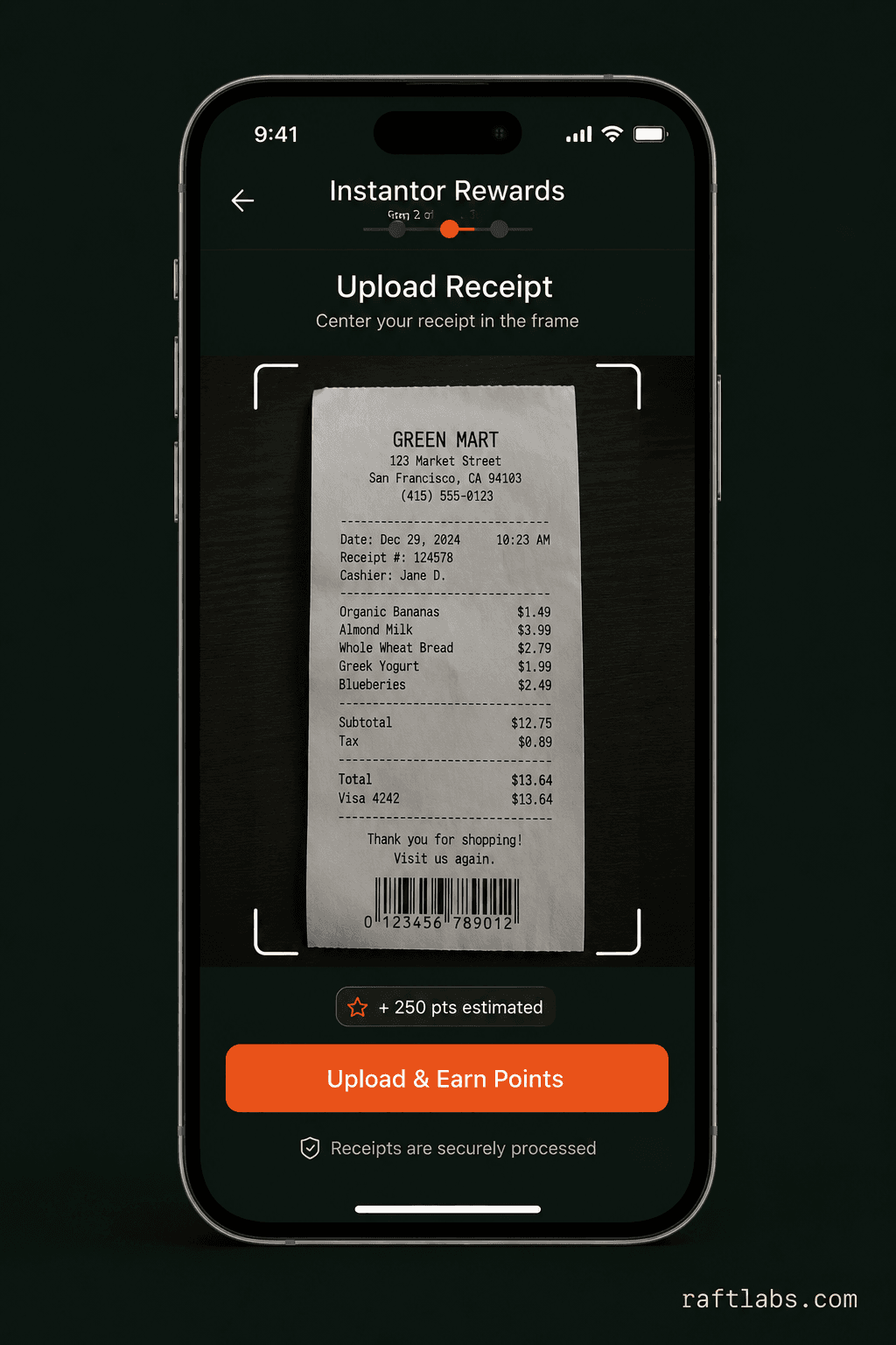 Receipt upload and point earning in the Instantor Rewards app