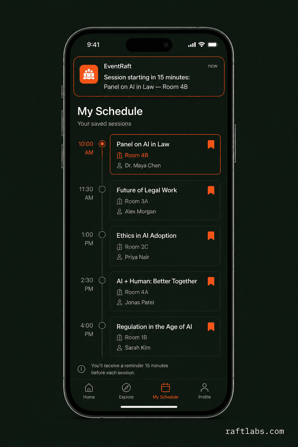 Personalized schedules and session tracking in EventRaft