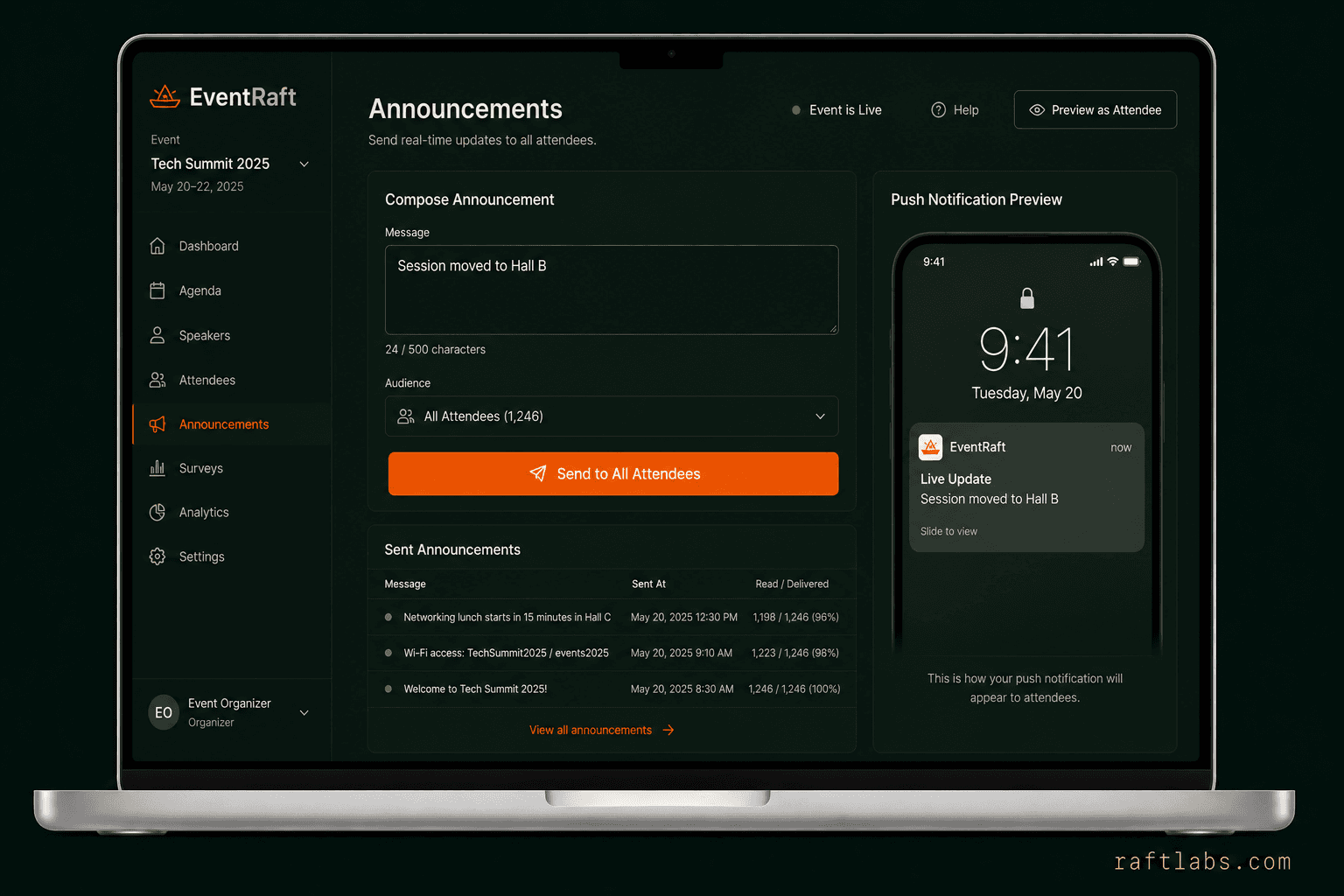 Real-time organizer announcements in EventRaft