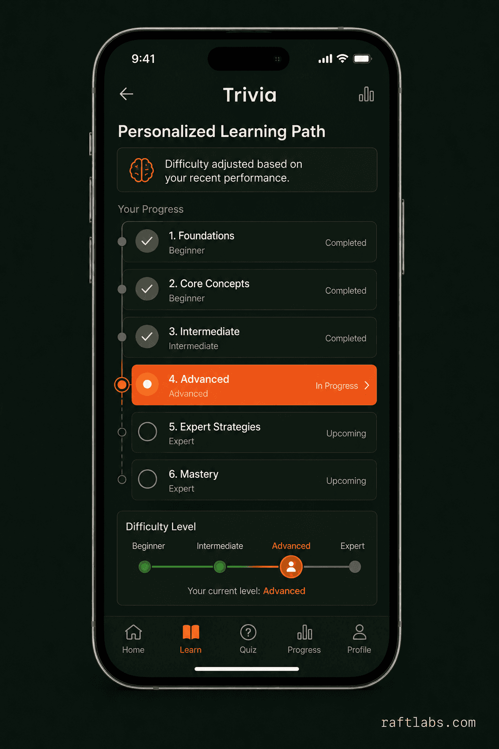Personalized quiz difficulty and learning paths in the employee trivia platform