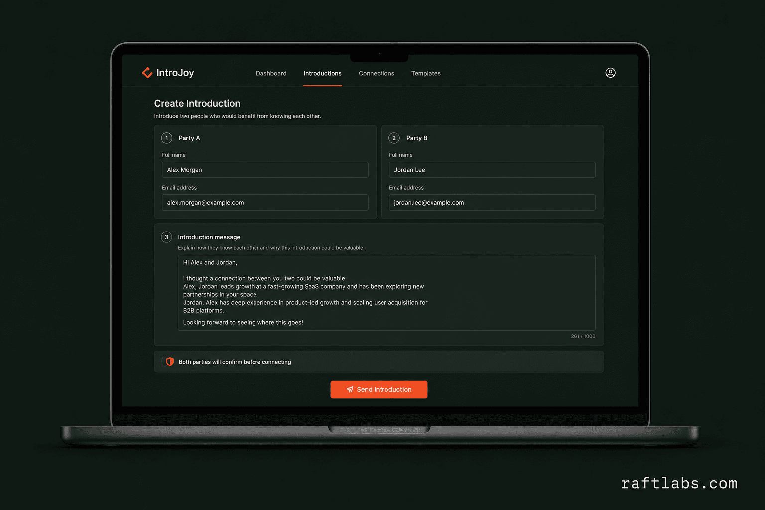 IntroJoy professional introduction web app with double opt-in email flow
