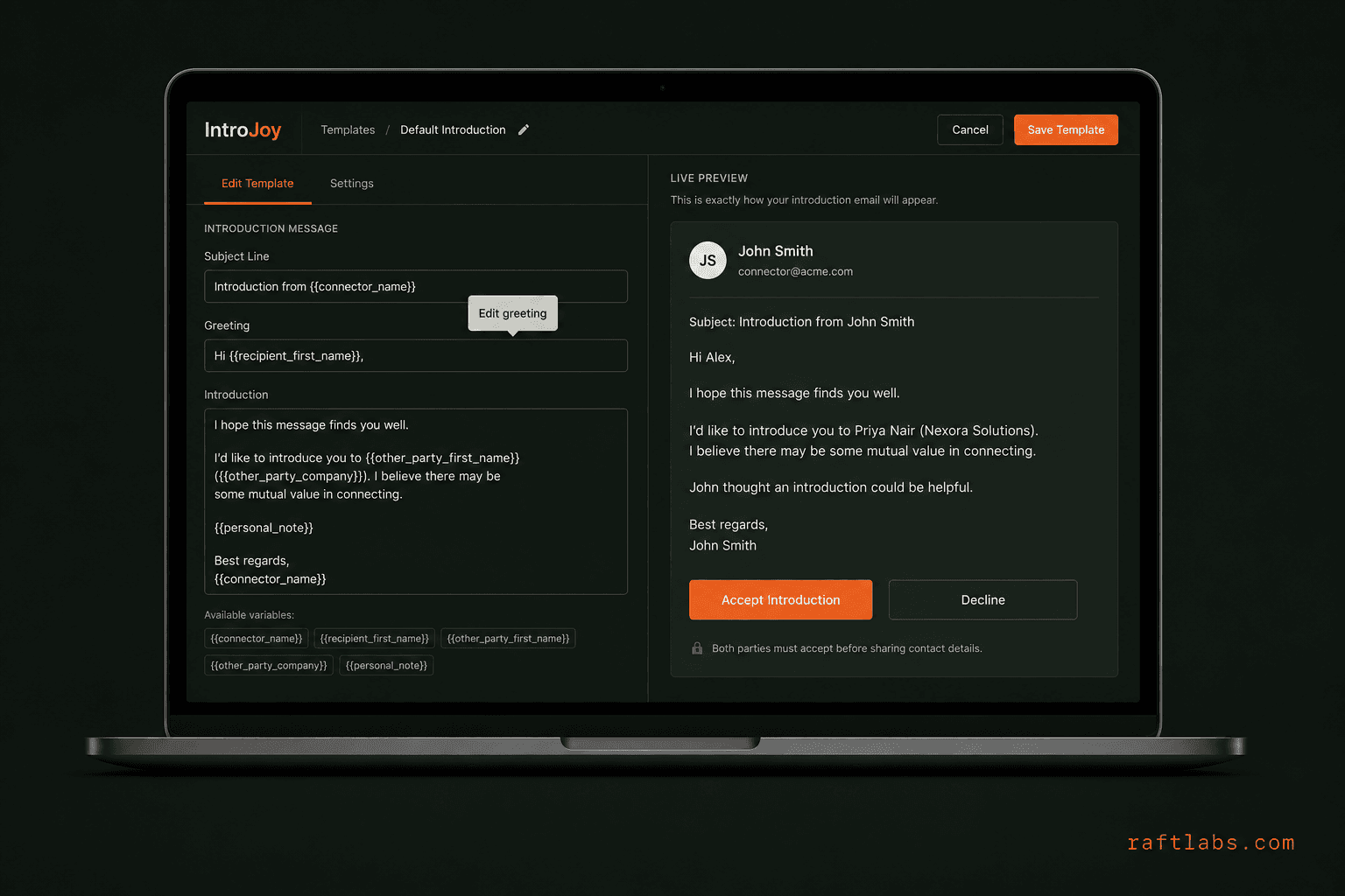 Customizable email templates for professional introductions