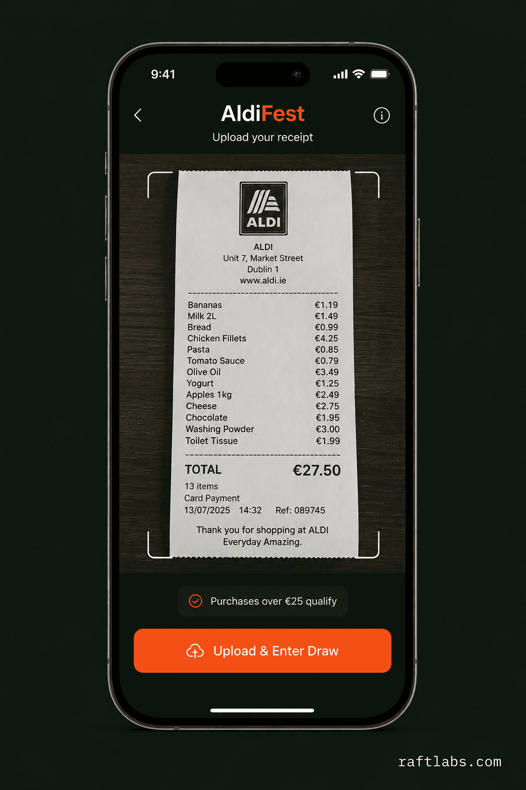 Receipt upload screen for the AldiFest competition campaign
