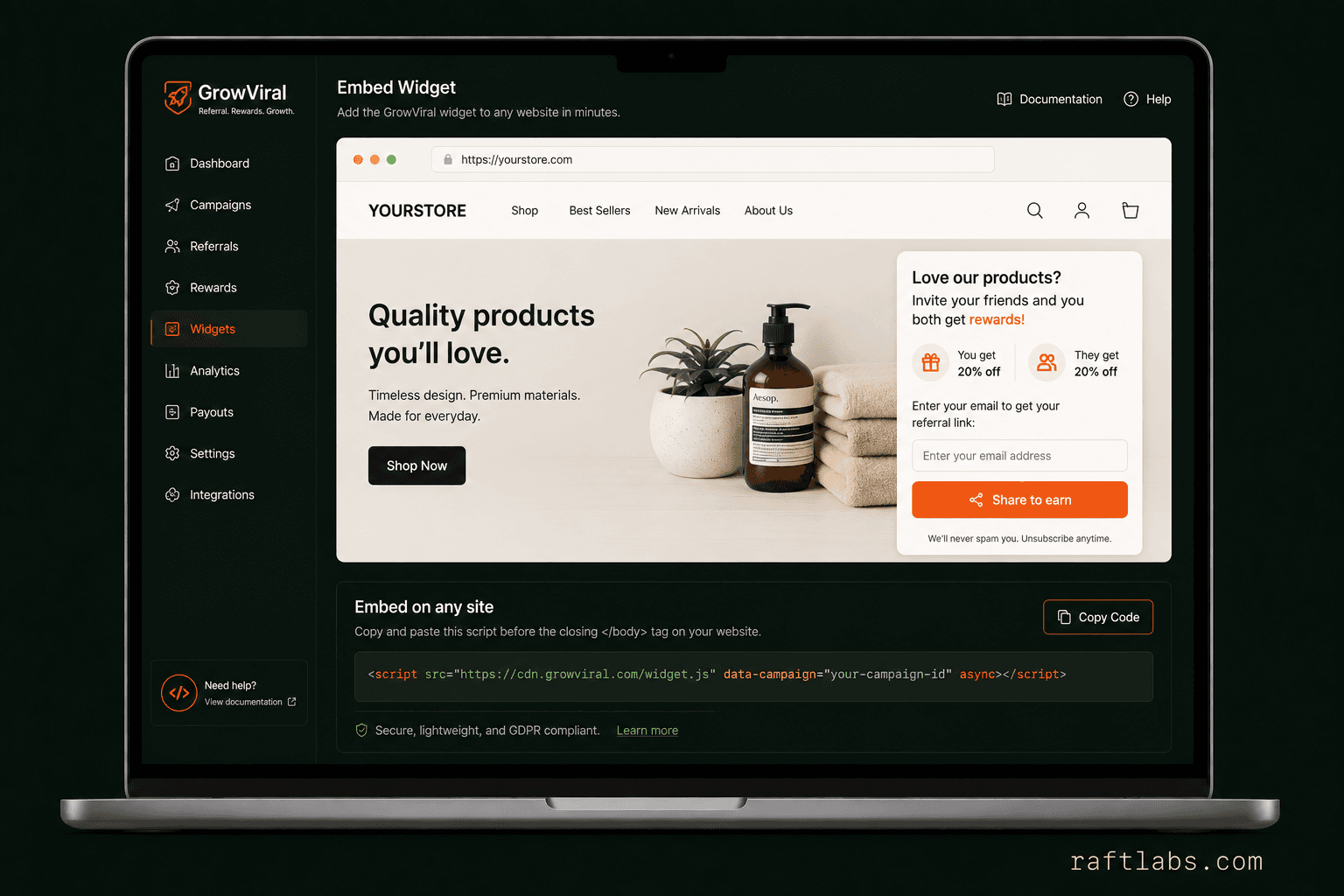 Embeddable referral campaign widgets for any website in GrowViral
