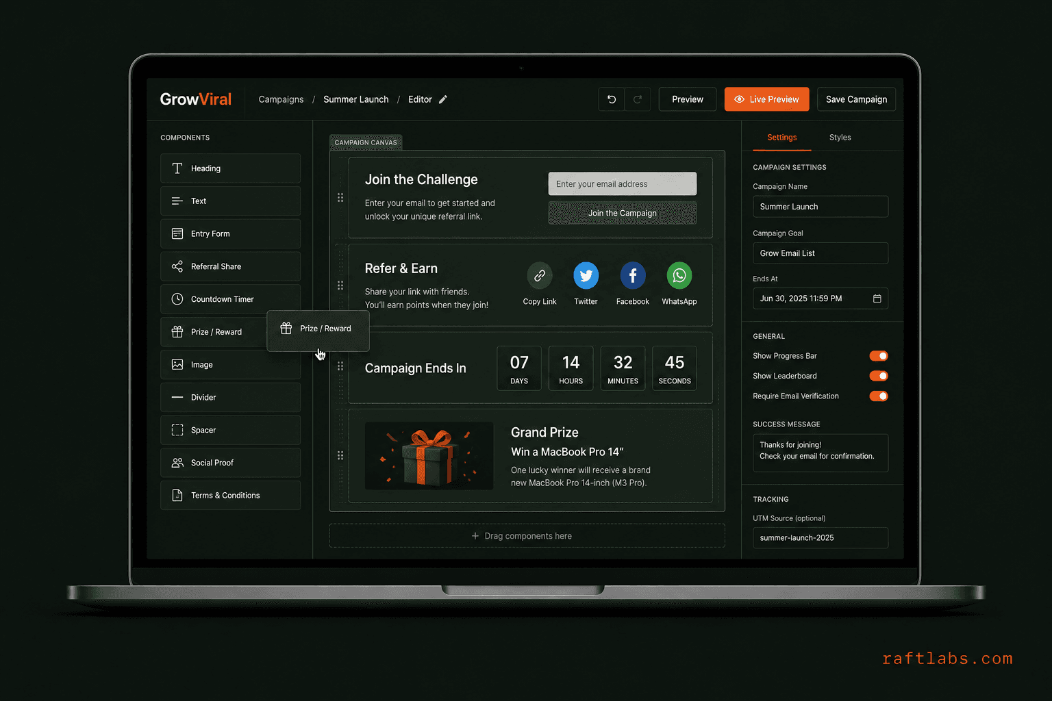 Drag-and-drop campaign template editor in GrowViral for referral and viral campaigns