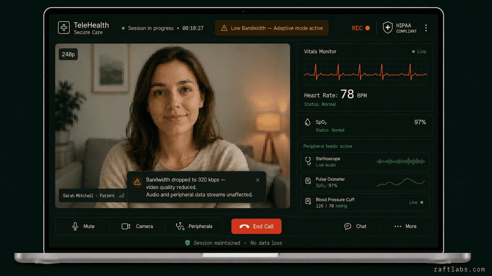 Telehealth platform optimized for low-bandwidth rural healthcare with browser-based patient access