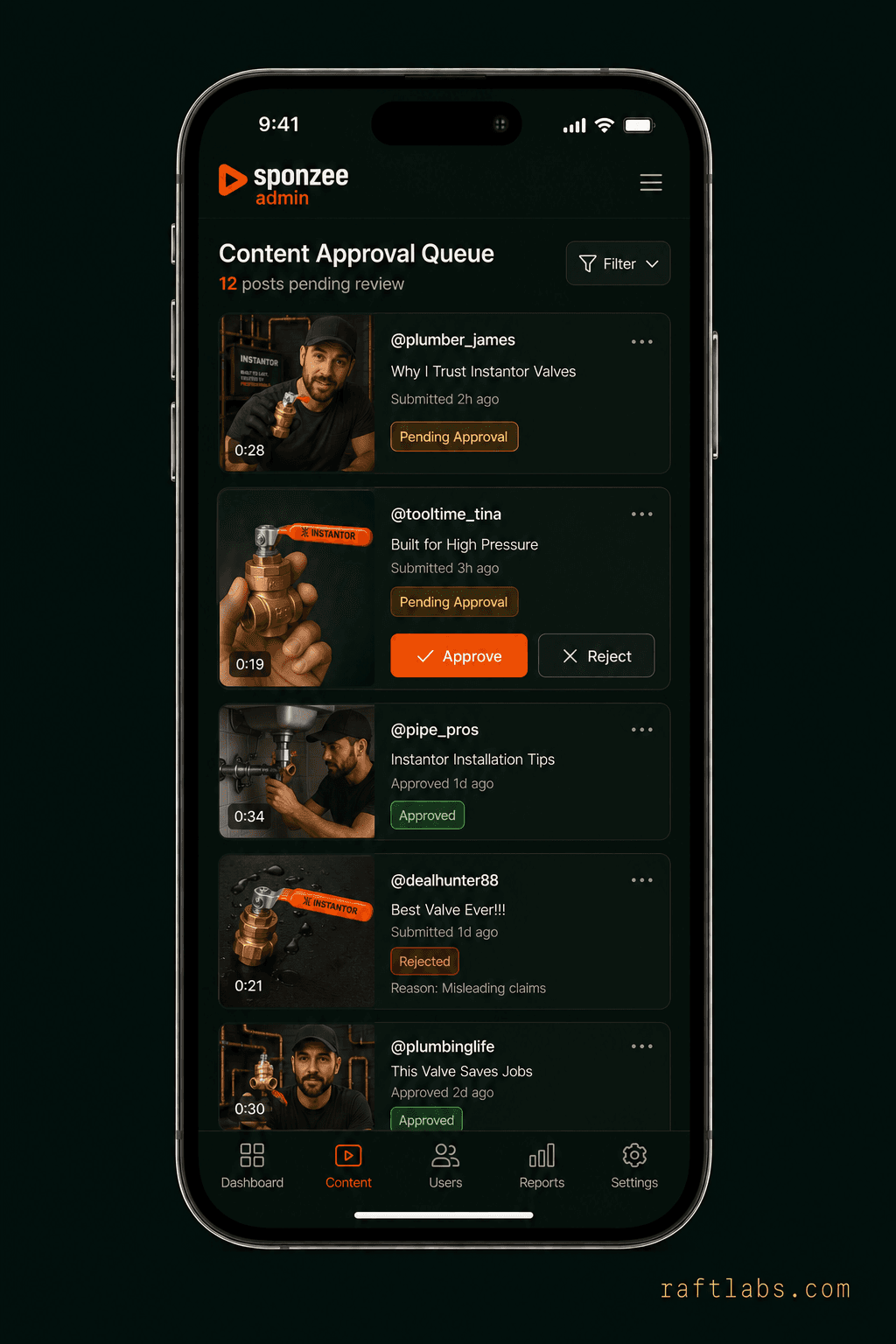 Short-form content feed and manual admin review in Sponzee