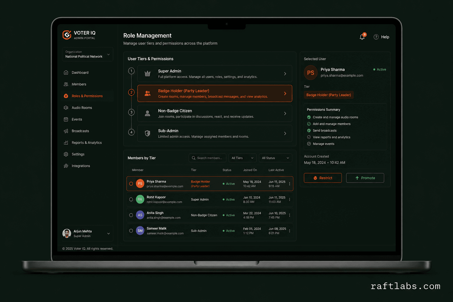 Voter IQ role-controlled mobile experience on iOS and Android