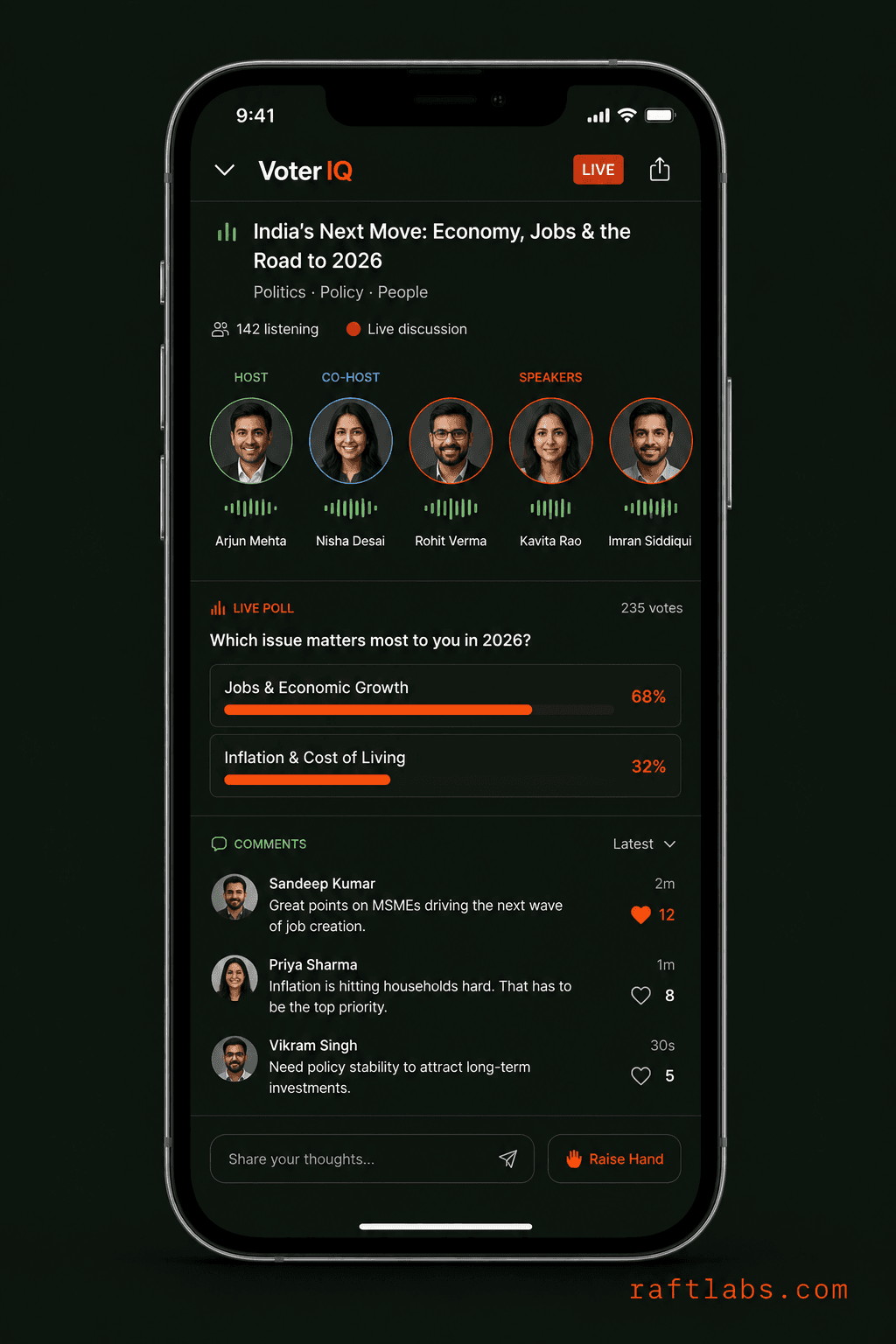 Voter IQ live audio room with host, speaker, and listener roles