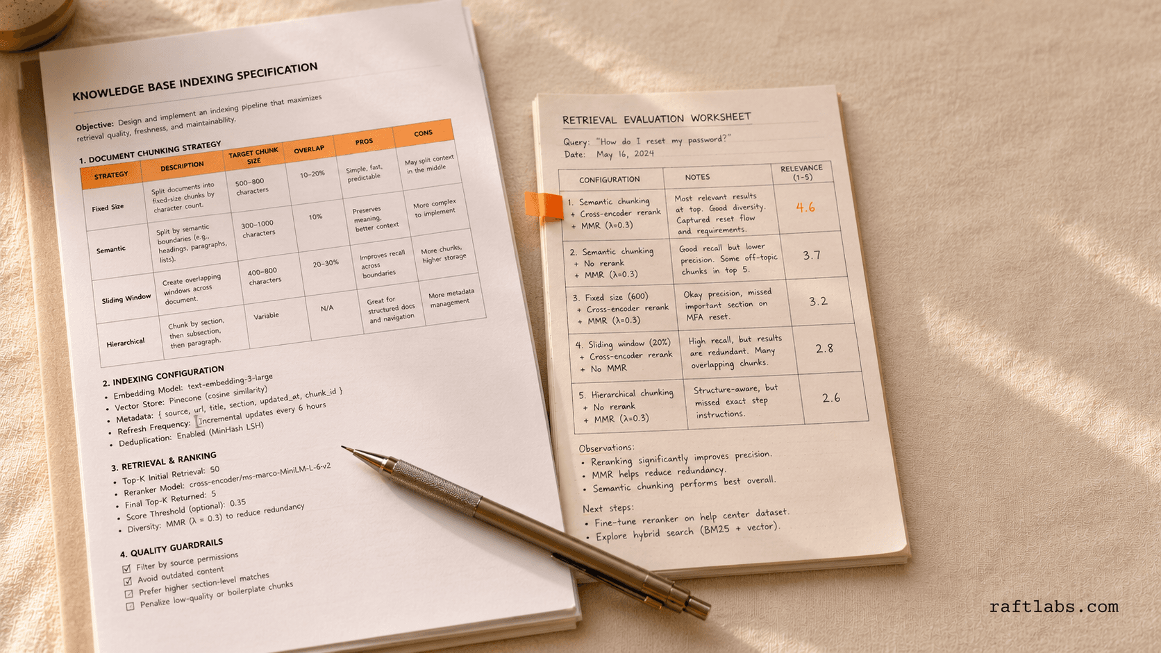 Knowledge-base indexing specification and retrieval evaluation worksheet for a managed RAG workflow