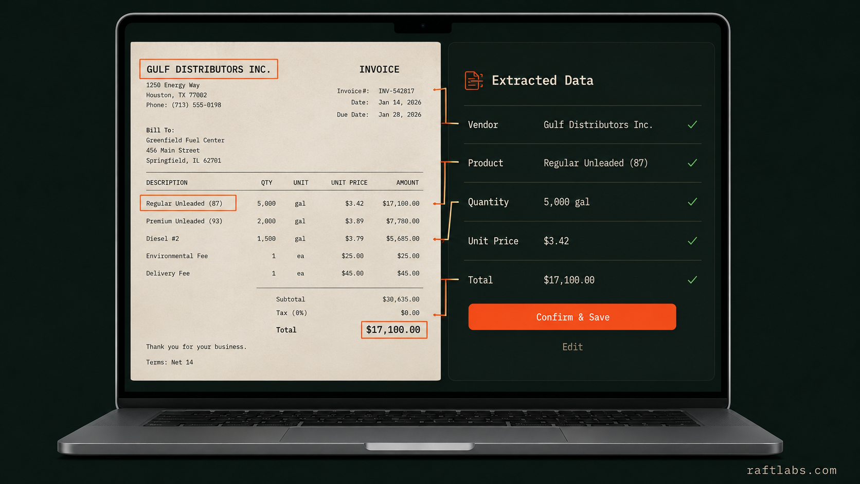 Illustration of a fuel invoice beside extracted vendor, product, quantity, price, and total fields for staff review
